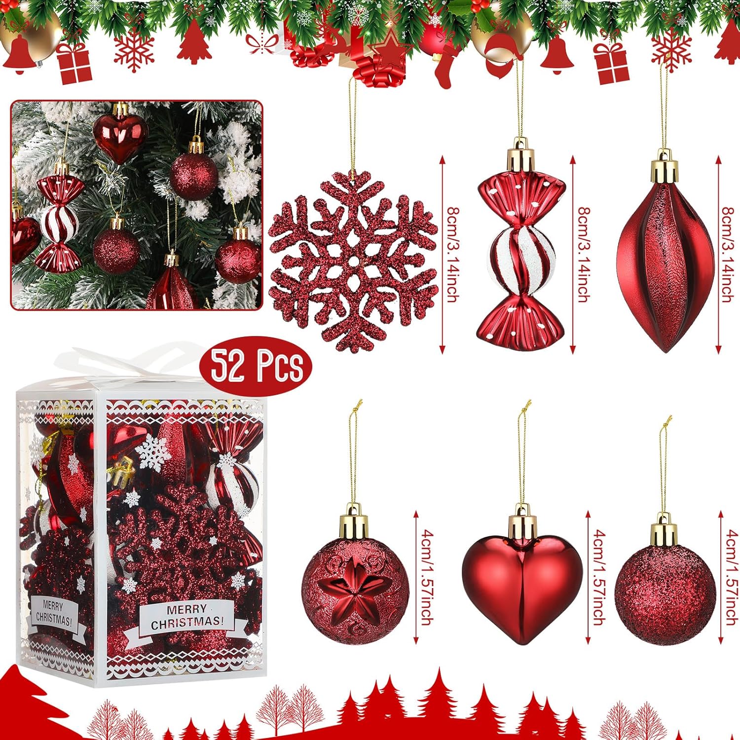 Realspring 52 Pcs Burgundy Christmas Ball Ornaments Set Wine Red Shatterproof Plastic Tree Hanging Ornaments Wine Color Christmas Decorations for Xmas Tree Wreath Wedding Holiday Party Decor