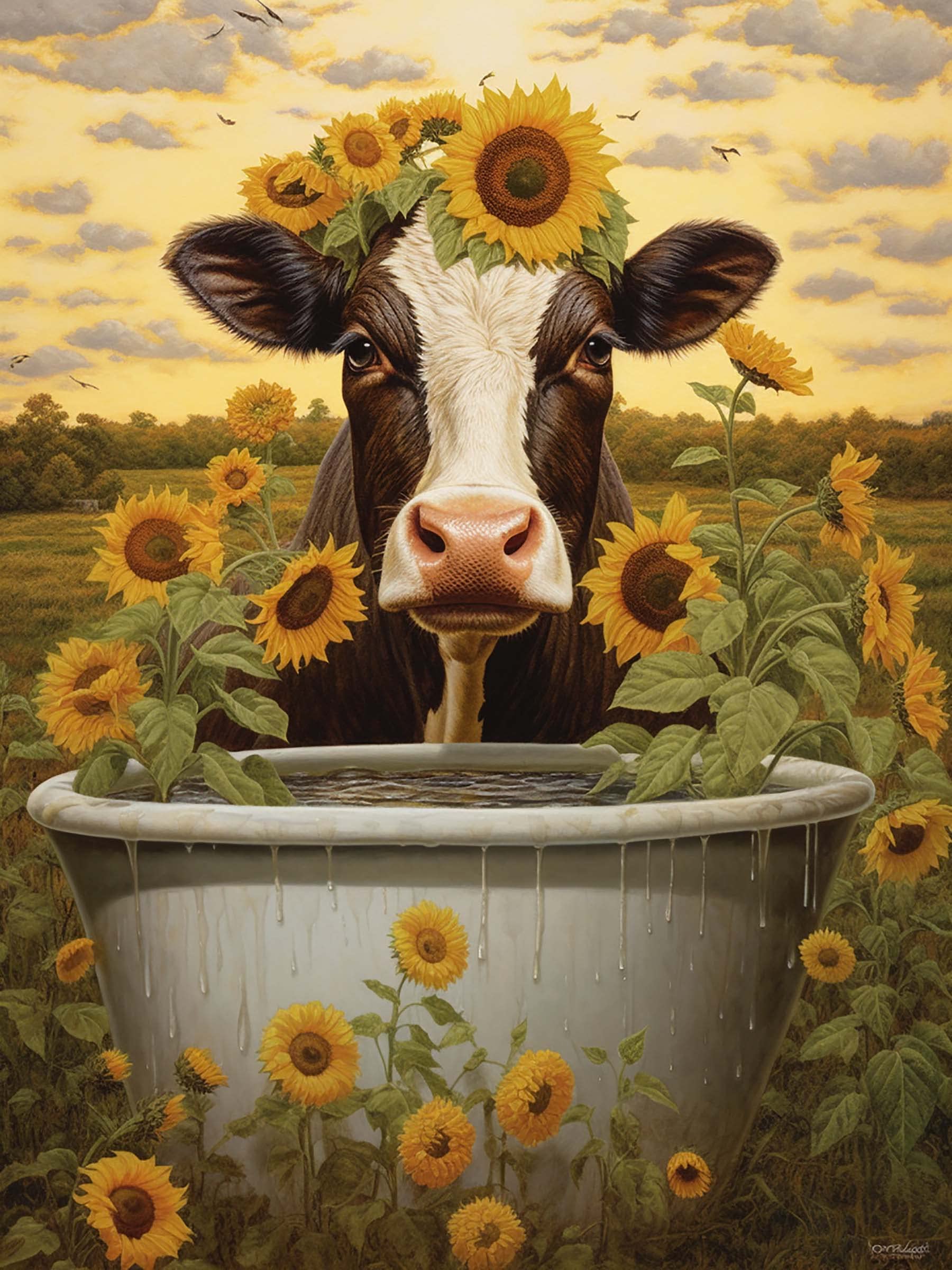 Bimkole 5D Diamond Painting DIY Kits Vache Tournesol, Art Animalier Peinture Fleur Broderie Diamant Kits De Broderie Au Point De Croix Strass Rond Résine Peinture Décor à La Maison, (30x30 Cm