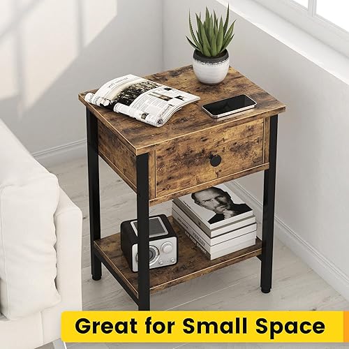 Miniatura 6 de Juego de 2 mesitas de noche con cajones de madera, juego de 2 mesas de noche con estante de almacenamiento, mesa auxiliar resistente para