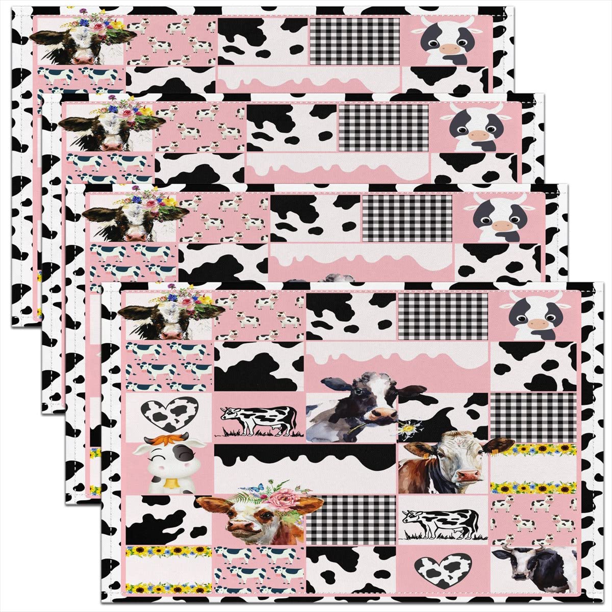 Milk Cow Placemats Set of 4 for Cartoon Cow Placemat for Kitchen Dining Table Indoor Outdoor 45x30cm Farmhouse Animals Table Place Mats, Pink White