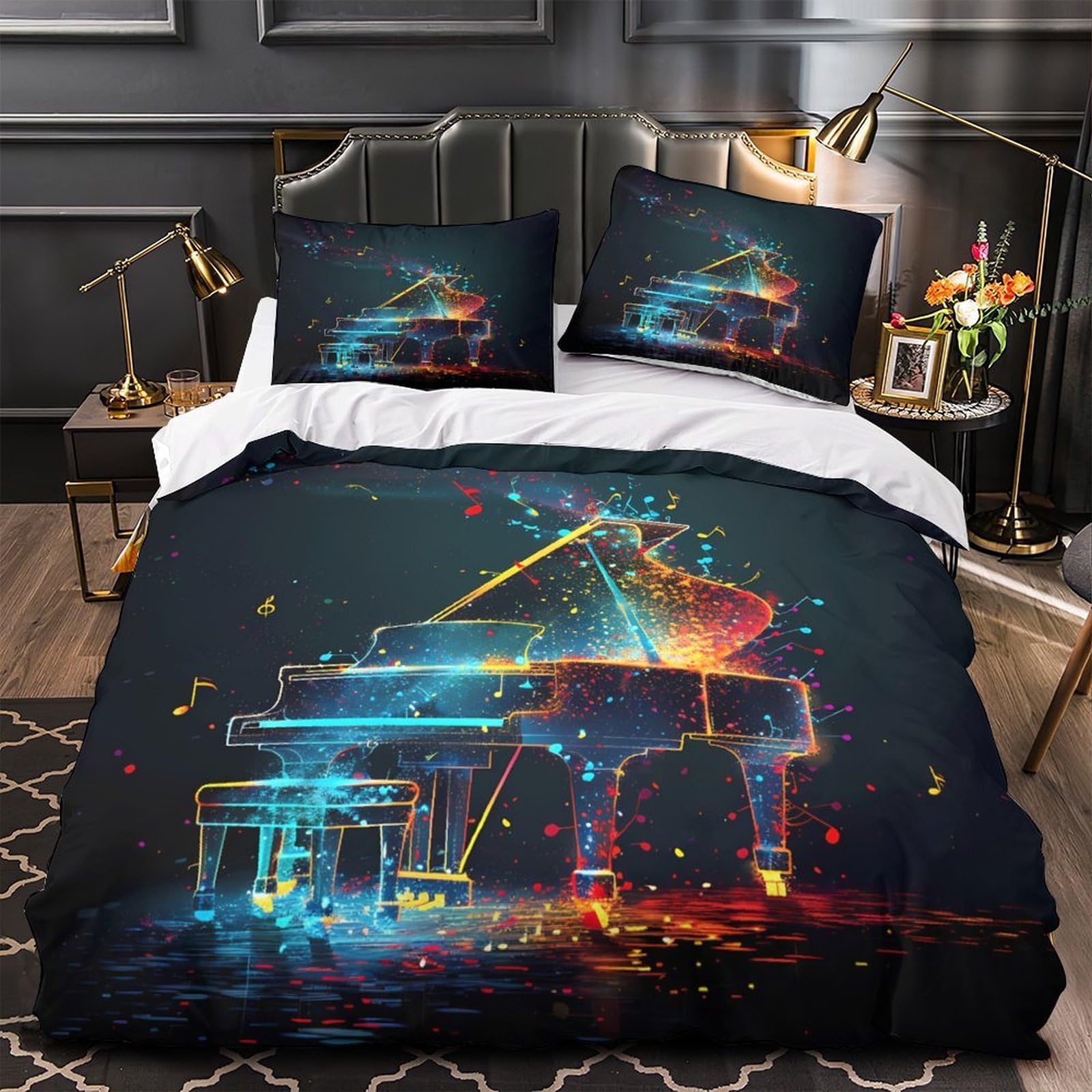 Housse de couette piano 3D en microfibre 135x200 cm avec taie d'oreiller