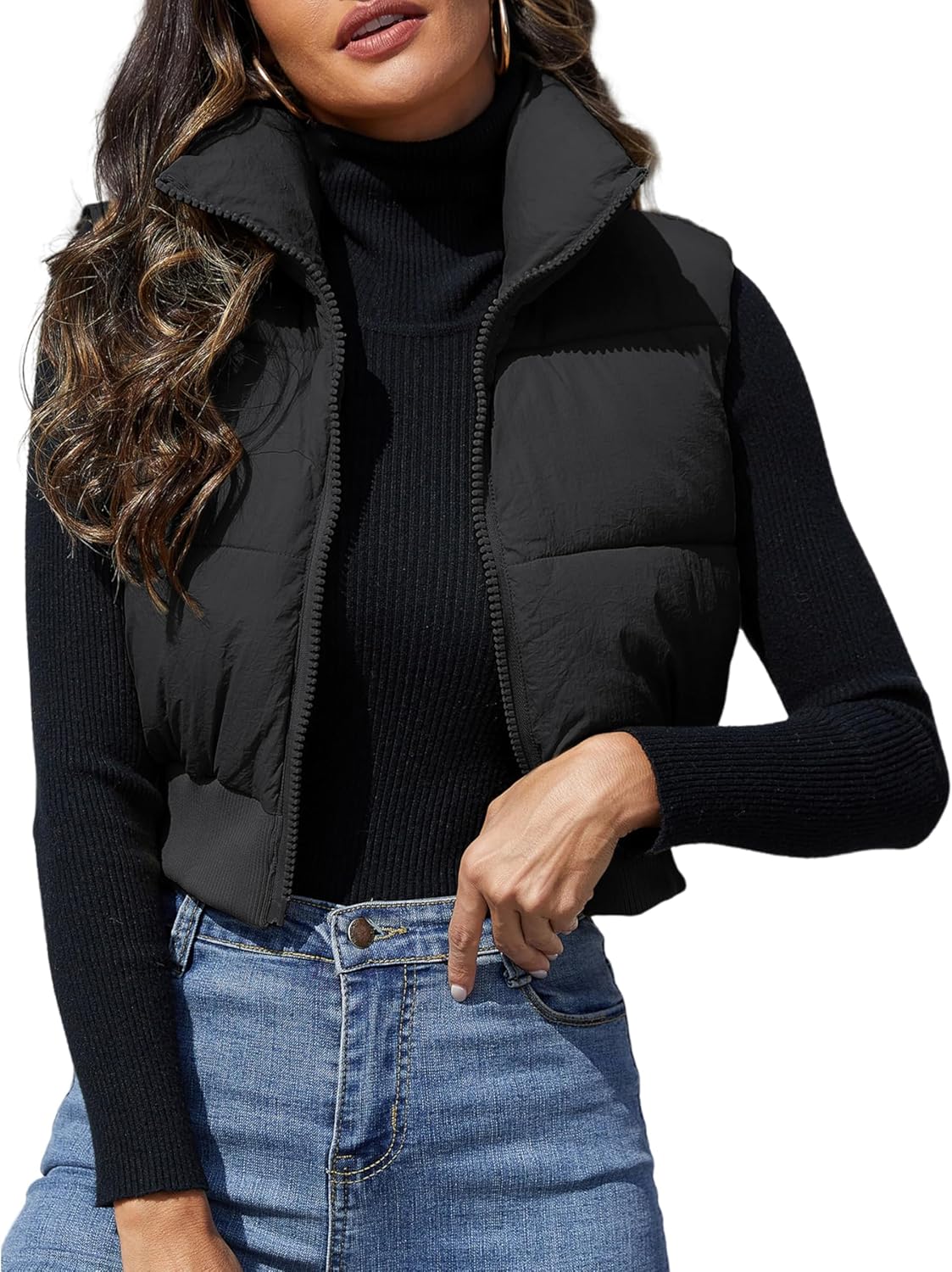 Dqbeng Womens Cropped Puffer Vest Zip Up Sleeveless Jacket Lightweight Stand Collar Quilted Winter Outerwear