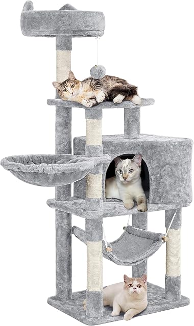 Yaheetech Cat Tree 138.5cm Cat Tower with Scratching Posts/Napping Basket/Hammock for Indoor Cats, Light Grey