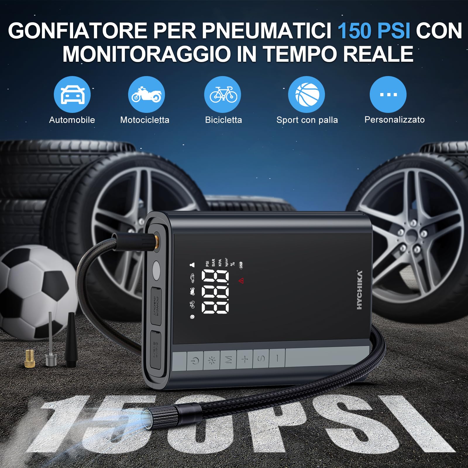 HYCHIKA Avviatore Batteria Auto 1500A - Avviatore Emergenza con Compressore,Booster Avviamento Auto/Moto Portatile (Fino a Tutti i Benzina e 4L Diesel),Doppia USB,600 Lumen LED