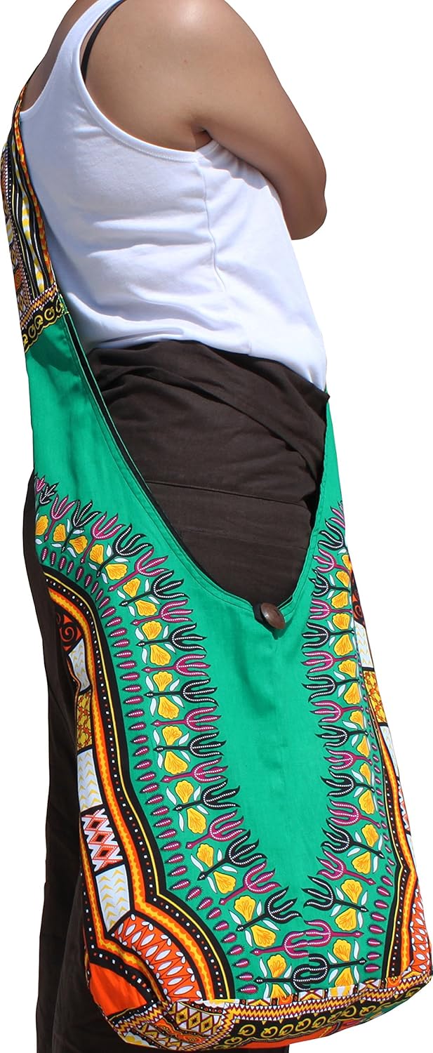 RaanPahMuang Brand Two Colour Reversible African Dashiki Sling Cotton Carry Bag, Large, Amber Yellow/Green