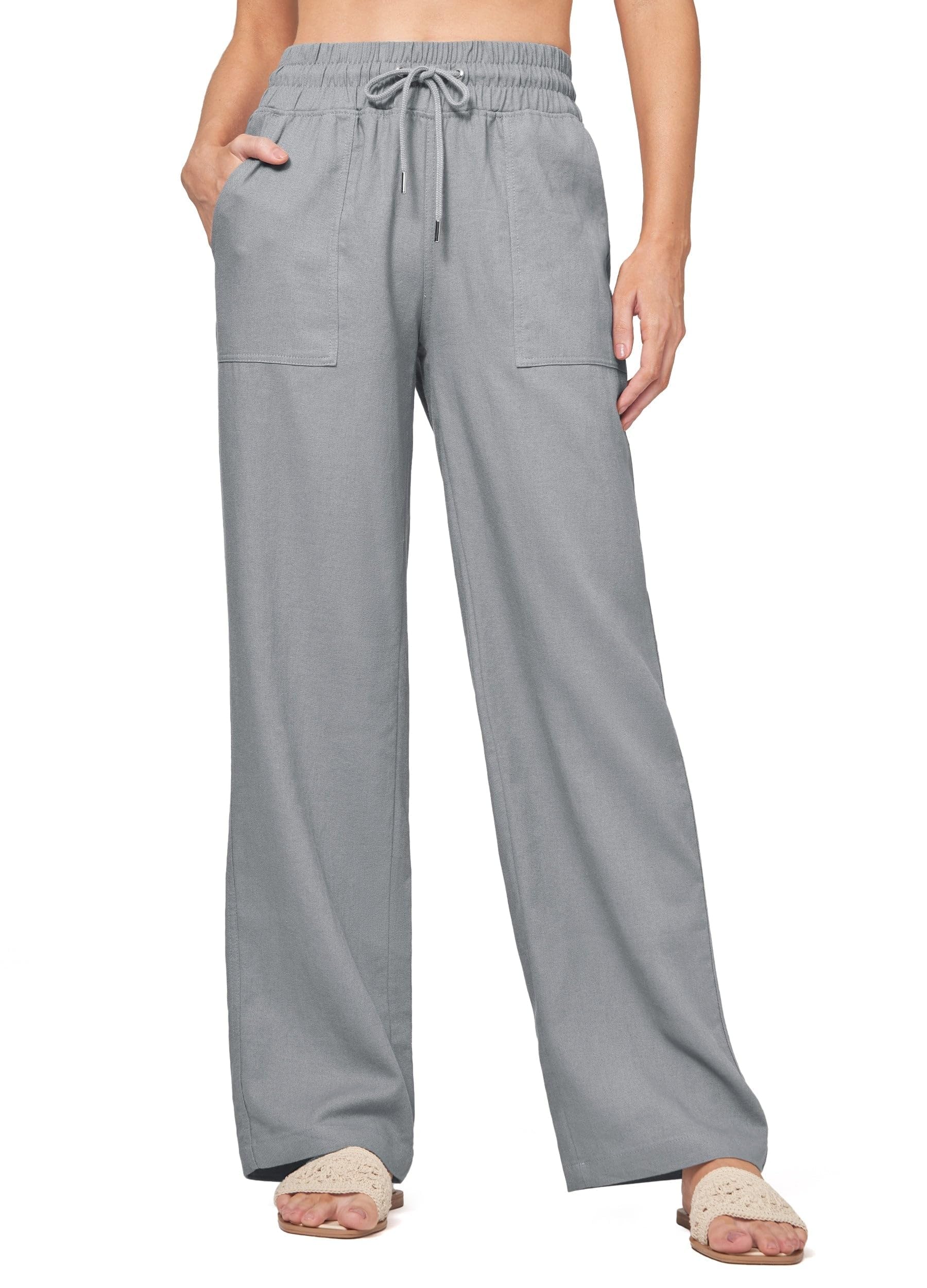 Yunmlep Damen Hose Sommer Leinenhose Lässige Baumwolle Leinen Stoffhose Freizeithose Leichte Sommerhose Strandhose Bequeme Palazzo Hose und Taschen (Hellgrau, L)
