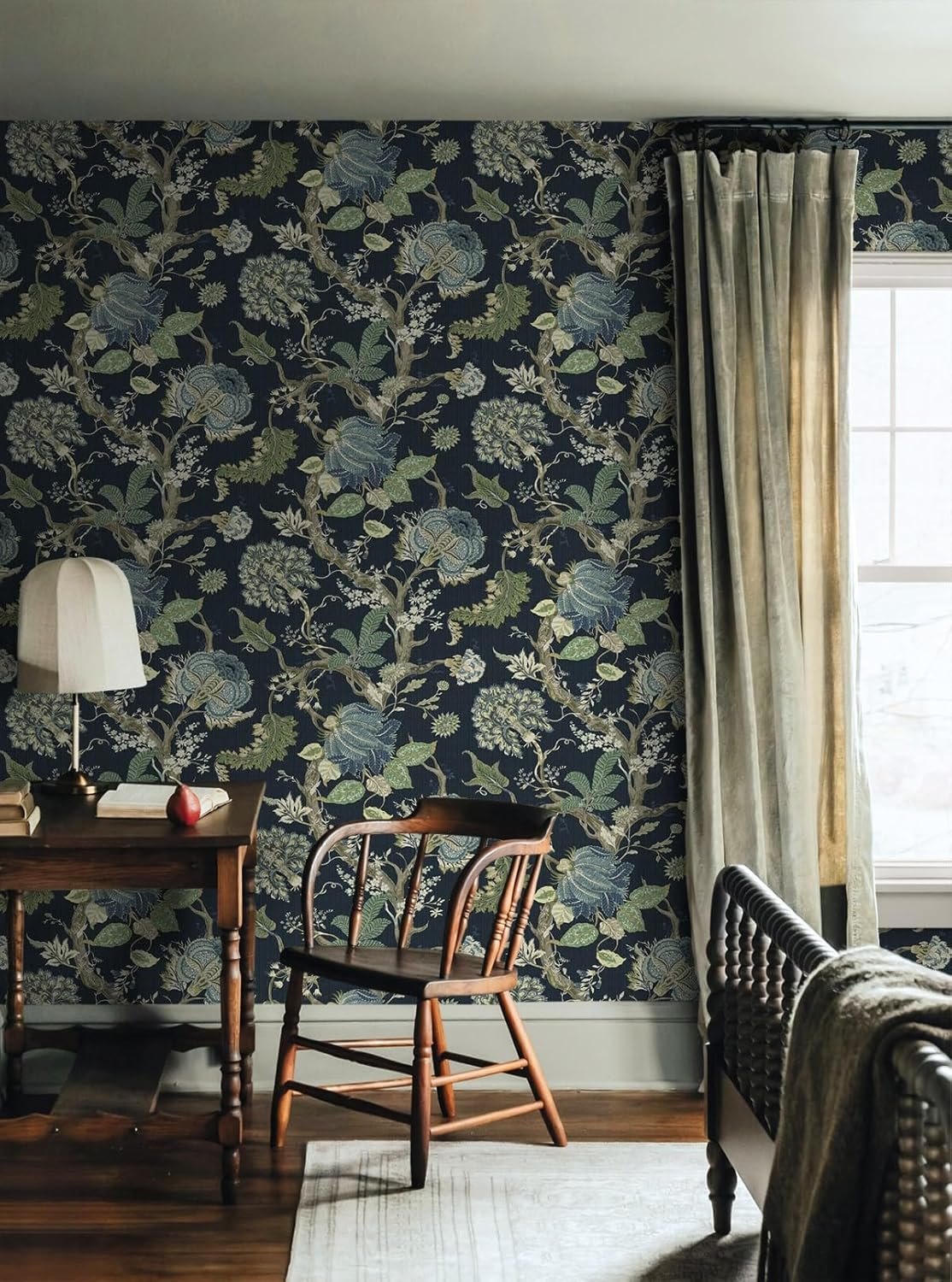 NextWall Harry & Grace Jacobean Trail Premium Matte Non-Woven Peel and Stick Wallpaper (Midnight Blue & Greenery)