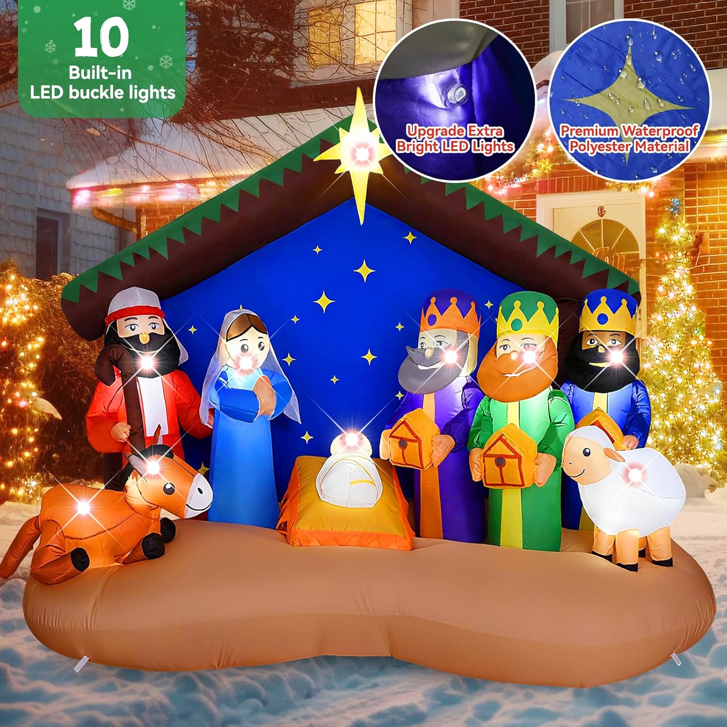 8FT Christmas Inflatables Nativity Scene Outdoor Decorations, Christmas Blow Up Yard Decorations with LED Lights Large Nativity Set Outdoor Nativity Inflatable Christmas Decoration for Xmas Patio Lawn 8FT Christmas Nativity Scene with Backdrop