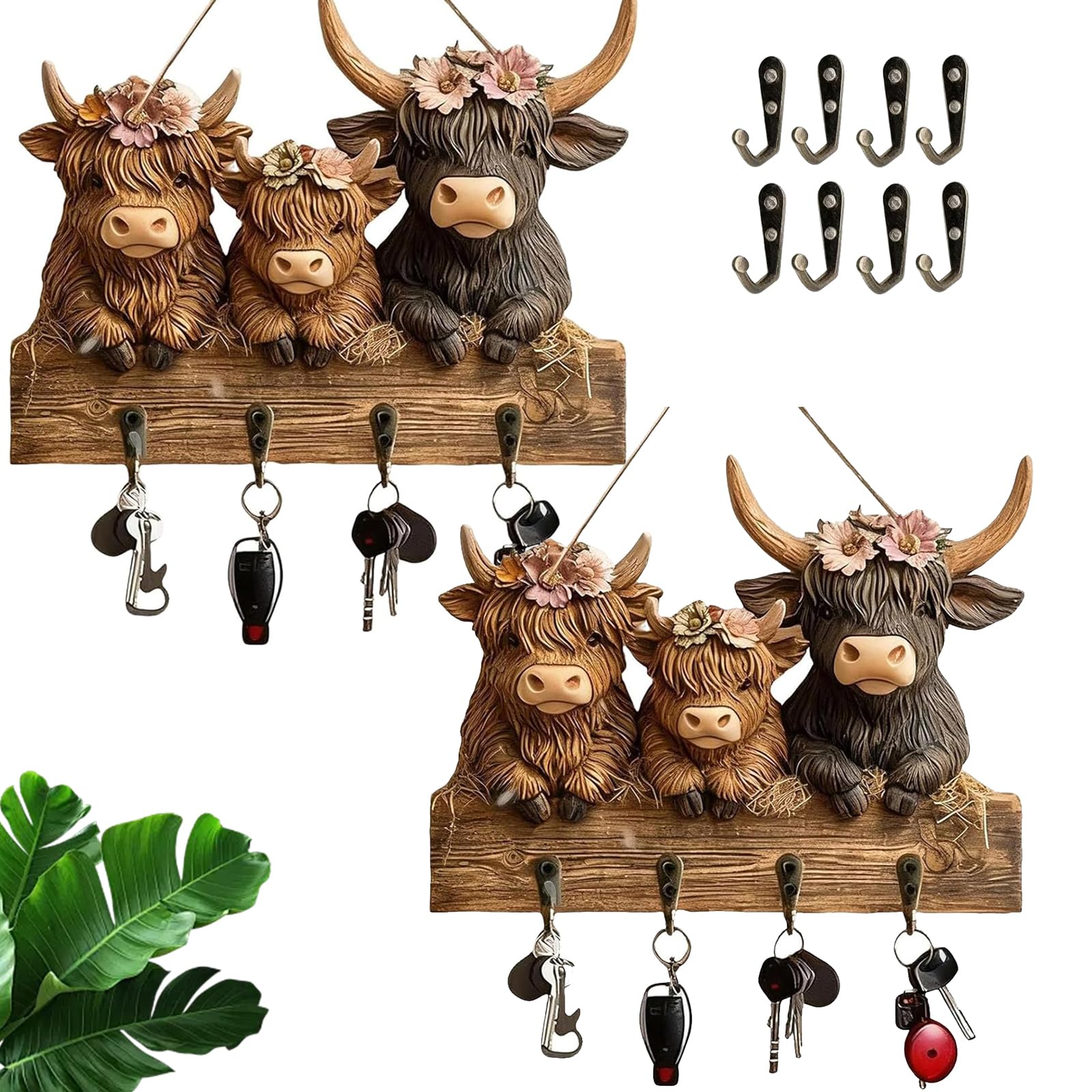 Colgador de llaves Highland con vacas 2D y 4 ganchos metálicos para pared