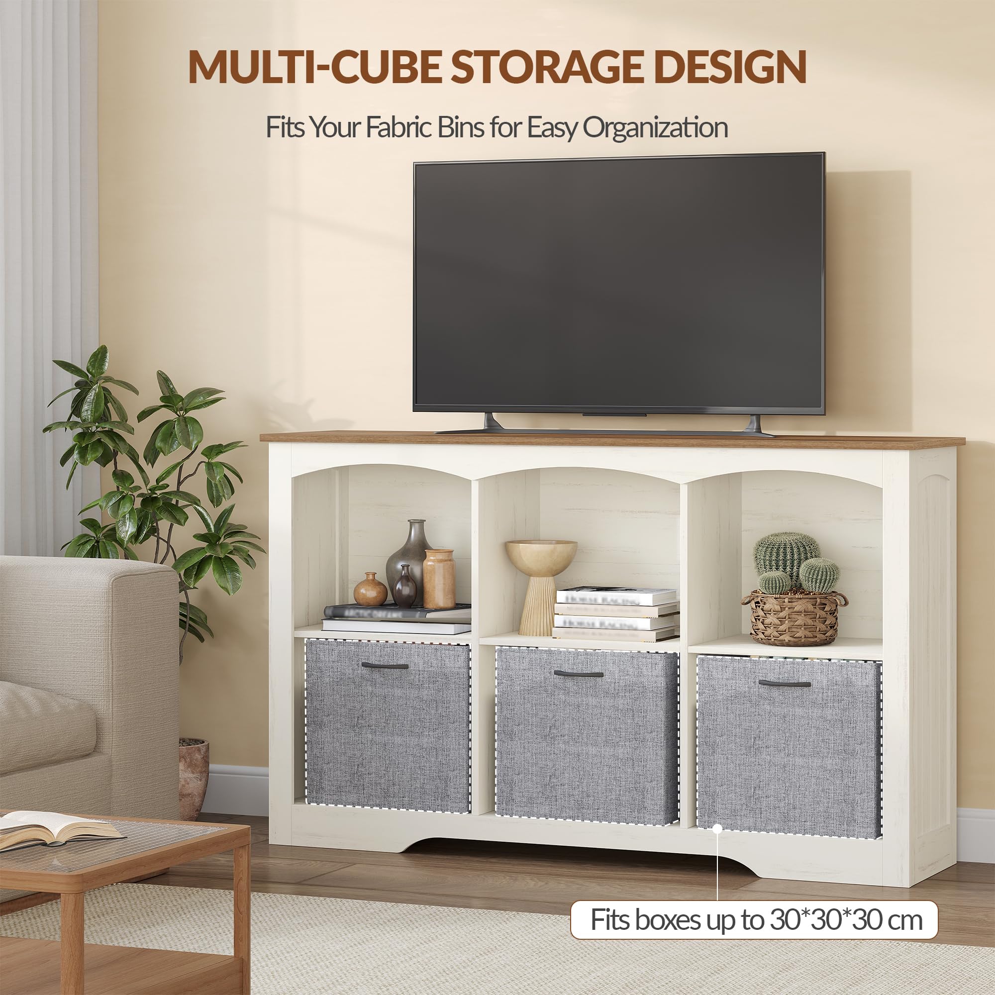 Bücherregal Regal mit 6 Fächern, 106 x 34 x 80 cm, Weiß und Braun | Würfelregal, Offenes oberes Ablagefach, für Wohnzimmer, Büro, Schlafzimmer und Küche, FFSG003FWR1
