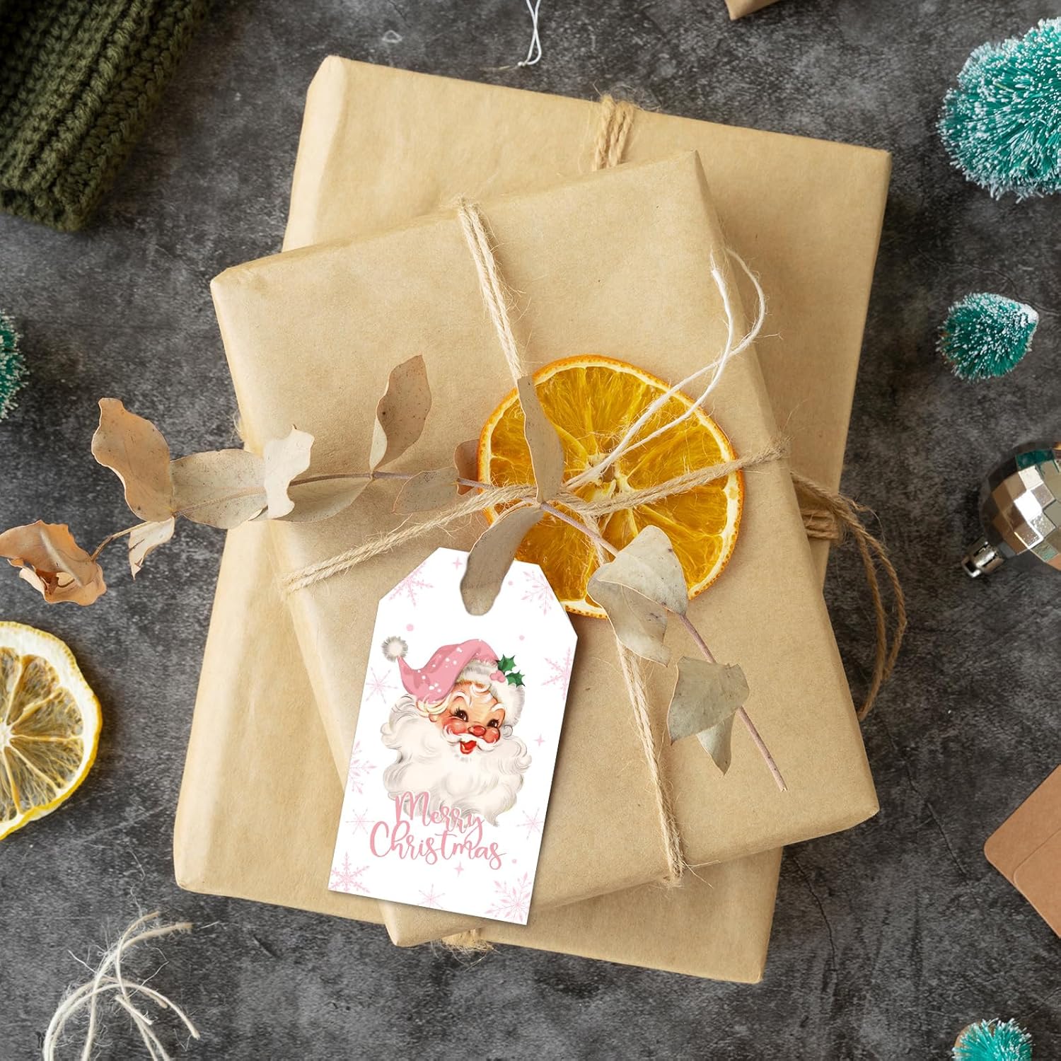 Whaline 100Pcs Merry Christmas Paper Gift Tags Pink Santa Claus Snowflake Blank Hanging Labels with Hemp Rope for Xmas Winter Holiday Present DIY Crafts - Image 5