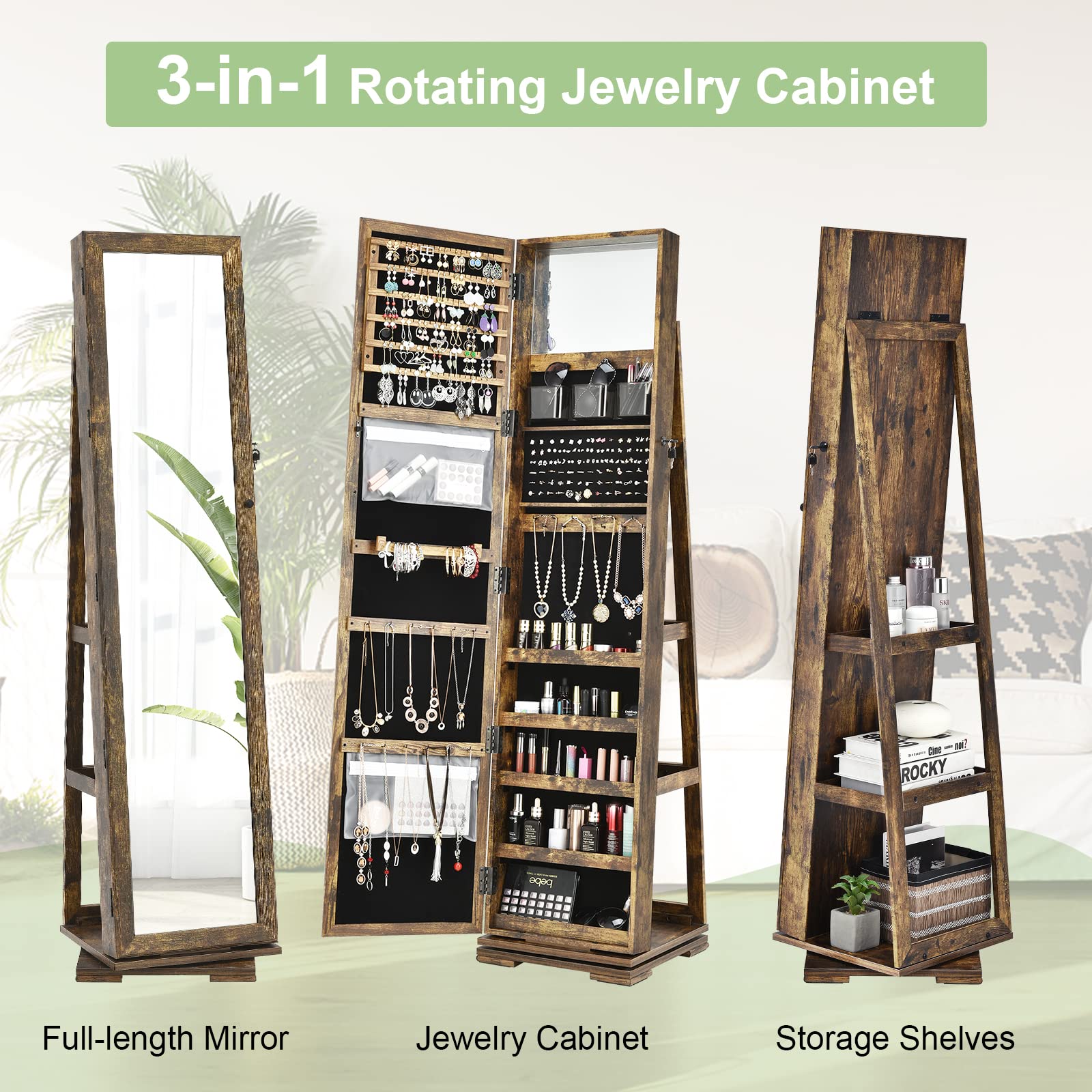 RELAX4LIFE Amario para joyas con espejo completo y espejo pequeño incorporado, gabinete con espejo 2 en 1 y estante para joyería, almacenamiento de joyas con cerradura (Café)