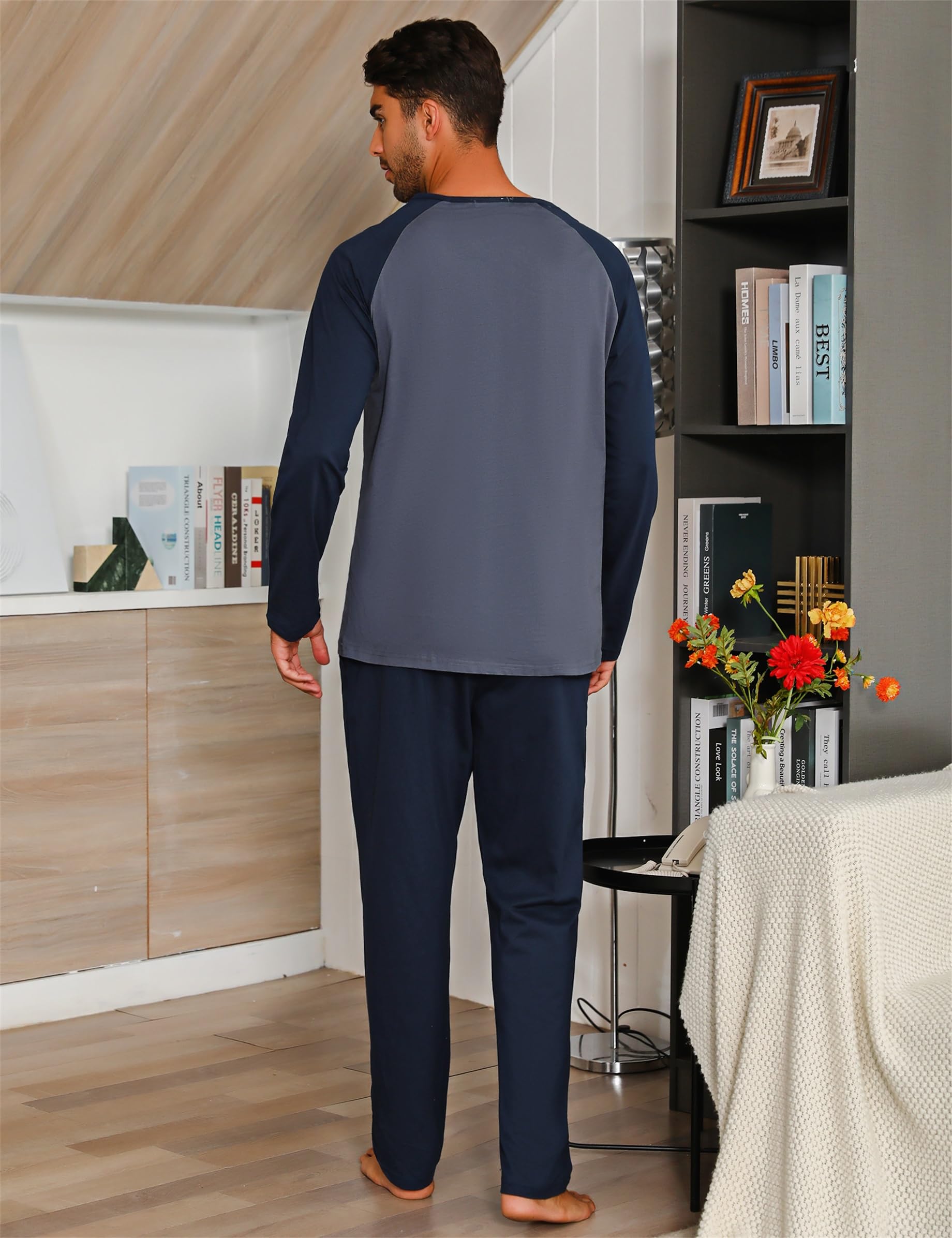 Migcaput Pigiama Cotone da Uomo Set Lungo Comodo Pigiami Due Pezzi da Uomo Pigiama Manica Lunga Pigiama con Tasche con Bottoni