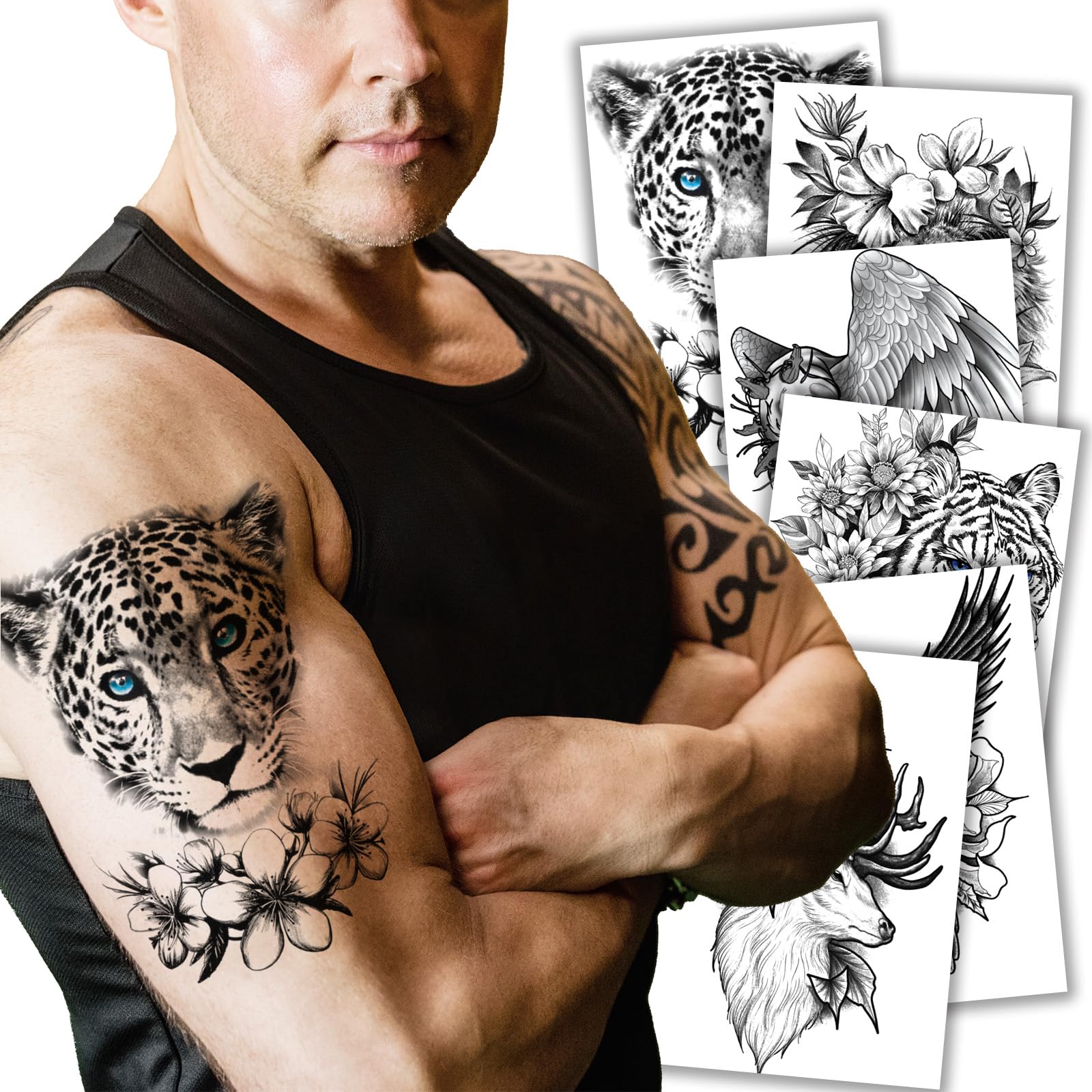 6 Sheets Black Tribal Realistic Animal Flower Temporary Tattoos for Men Women, Waterproof Tattoo Stickers for Teens Kids 3D Lion Tiger Leopard Bird Deer Pattern
