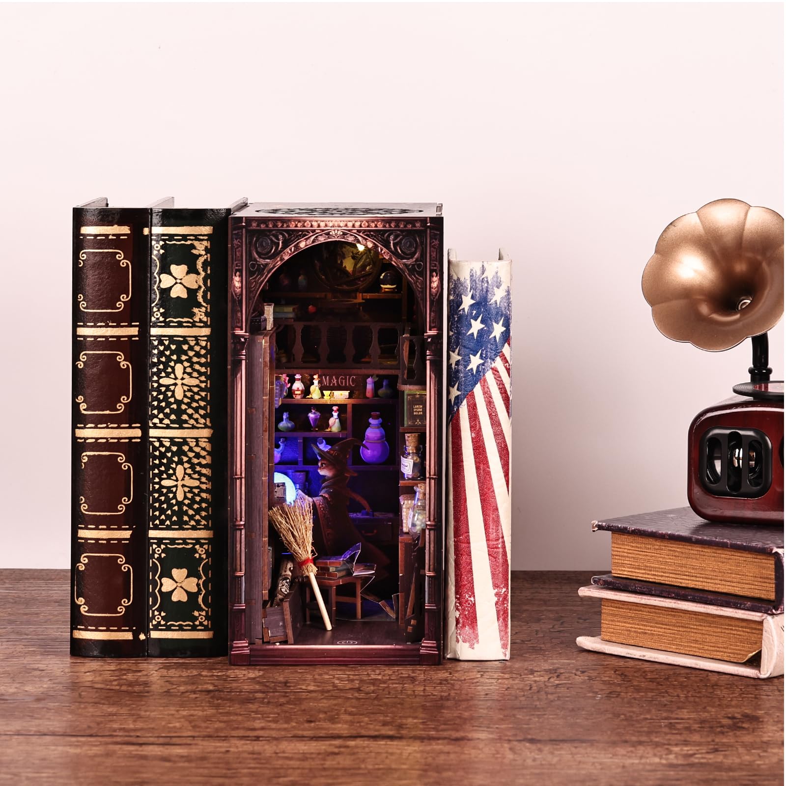 Kit angolo libro 3D Magic Cat Wizard, kit fai da te in miniatura per casa delle bambole per adulti e adolescenti, puzzle con inserto fermalibri in legno 3D, modello mini casa magica
