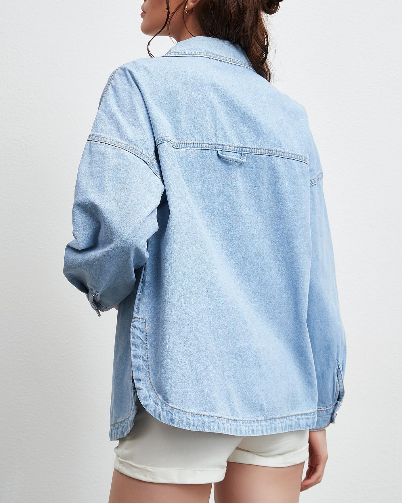 CYLADY Camicia da donna in denim a maniche lunghe oversize boyfriend jean giacca shacket trendy button down camicia