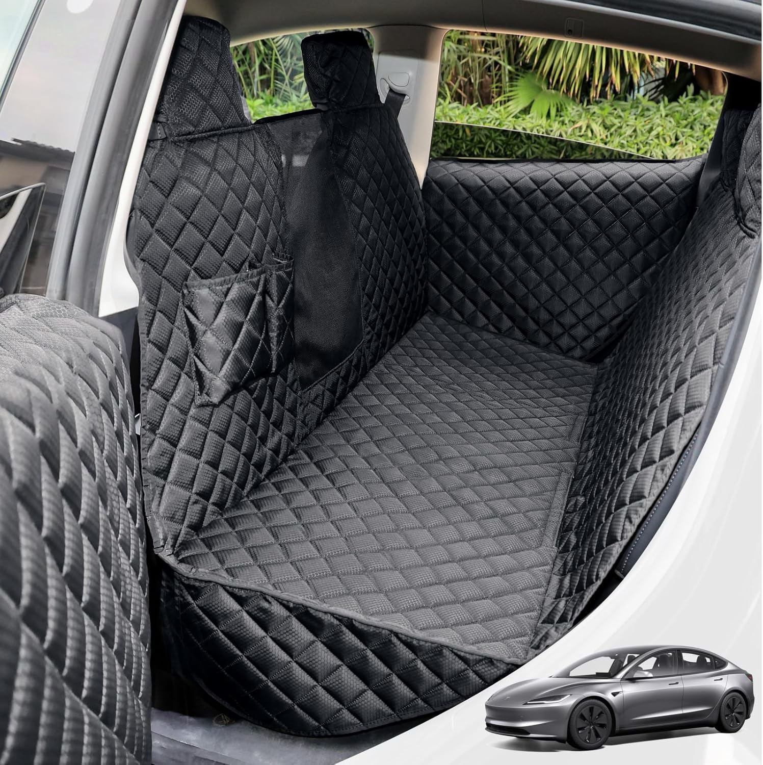 Dog Seat Cover for Tesla Model 3 & Y - Waterproof Back Seat Hammock with Mesh Window & 2 Door Protectors - Scratch & Mud Protection