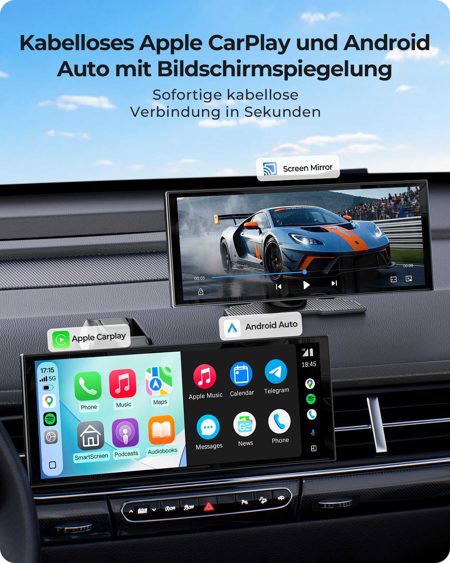 10,26" Drahtloses Tragbarer 60FPS Car Play Display mit 4K Dashcam Vorne HD Hinten für Apple Carplay & Android Auto, 1920 * 720 Laminiertes Tablet mit GPS Navigation Bluetooth Mirror Link