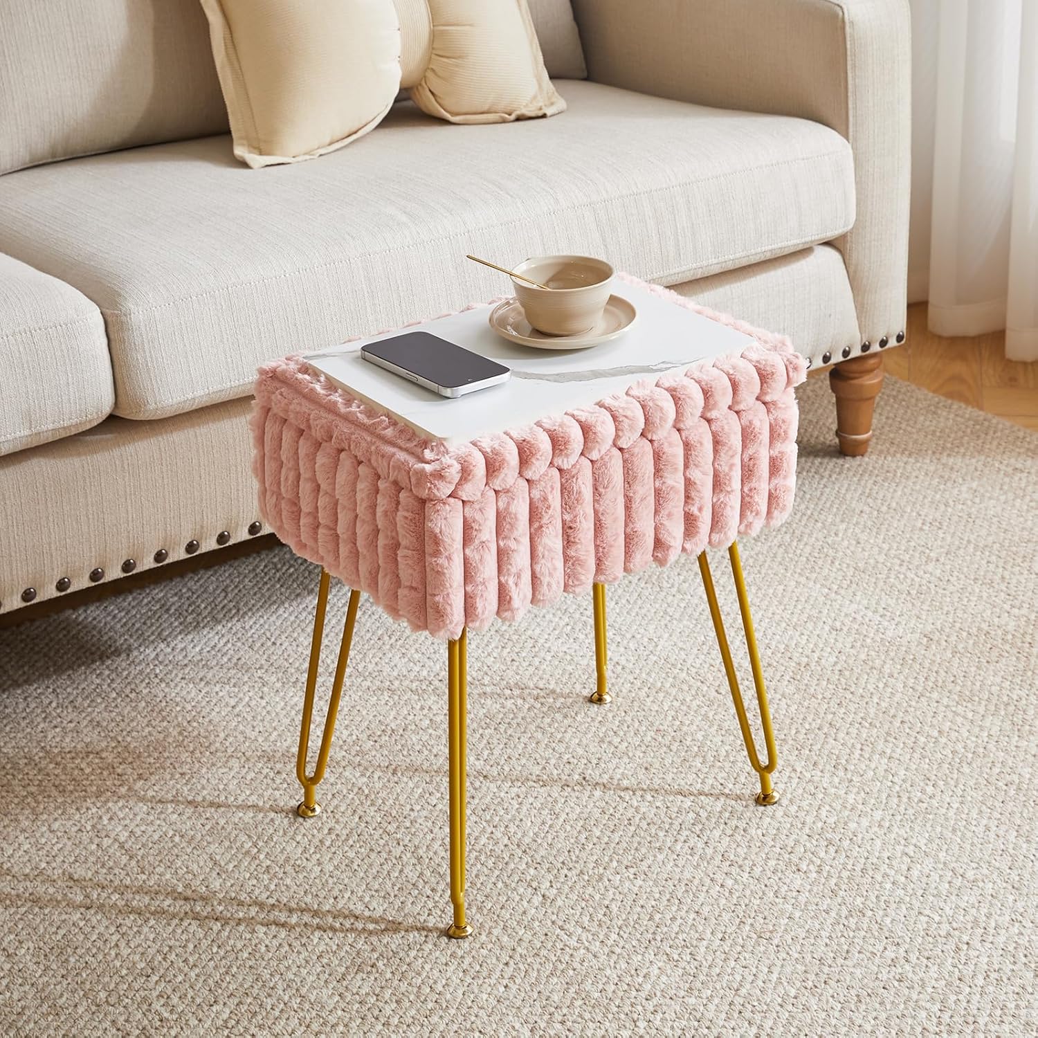 IBUYKE Rectangle Vanity Chair with Storage Space, Footrest Footstool Ottoman, Vanity Stool, Dressing Table Chair, with Anti-Slip Feet, for Makeup Room, Bedroom, Square Grid Pattern, Pink WBD004P - Image 6