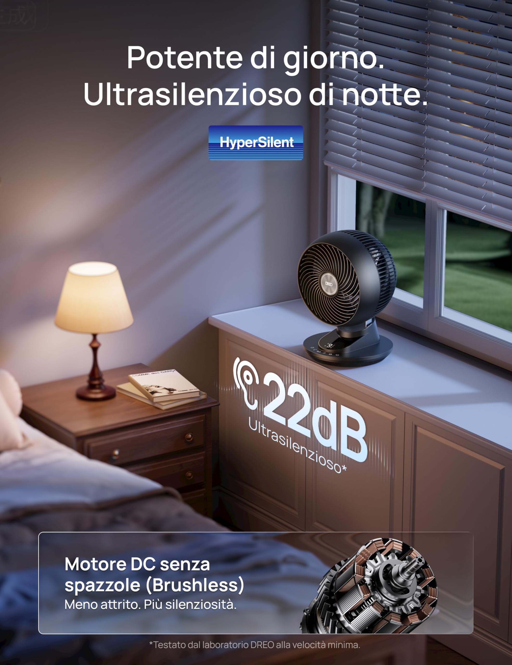 DREO ventilatore da tavolo intelligente 3D per camera, flusso d’aria potente 8,8 m/s, ultra silenzioso 22 dB, oscillazione 90°, controllo app e vocale, 9 velocità, timer 8/12 h per casa e ufficio.