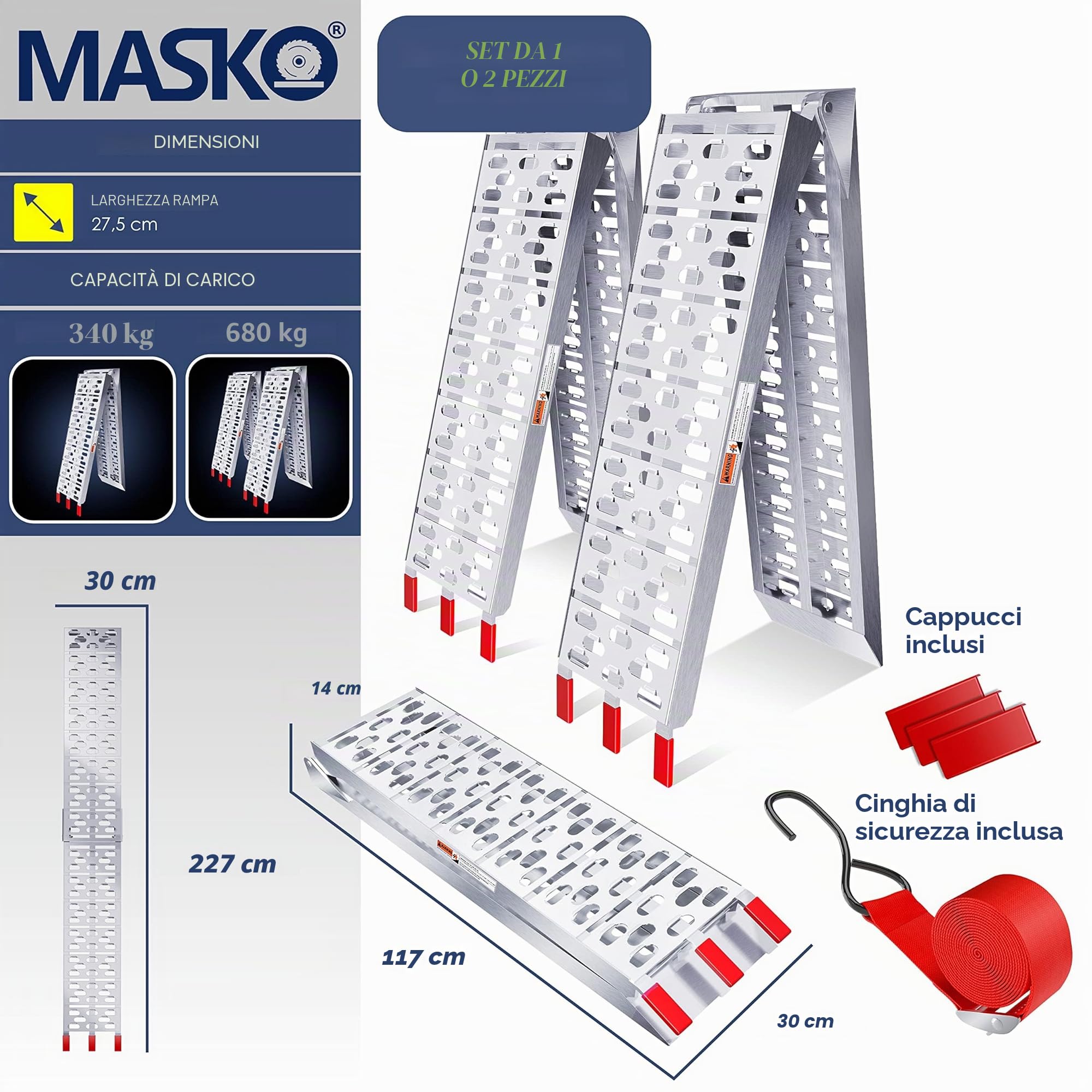 MASKO® Rampa 340kg Rampa di carico ALU pieghevole Rampa di carico Antiscivolo Pieghevole max. 340kg* per pezzo, Rampa di carico moto ATV Quad Car Car
