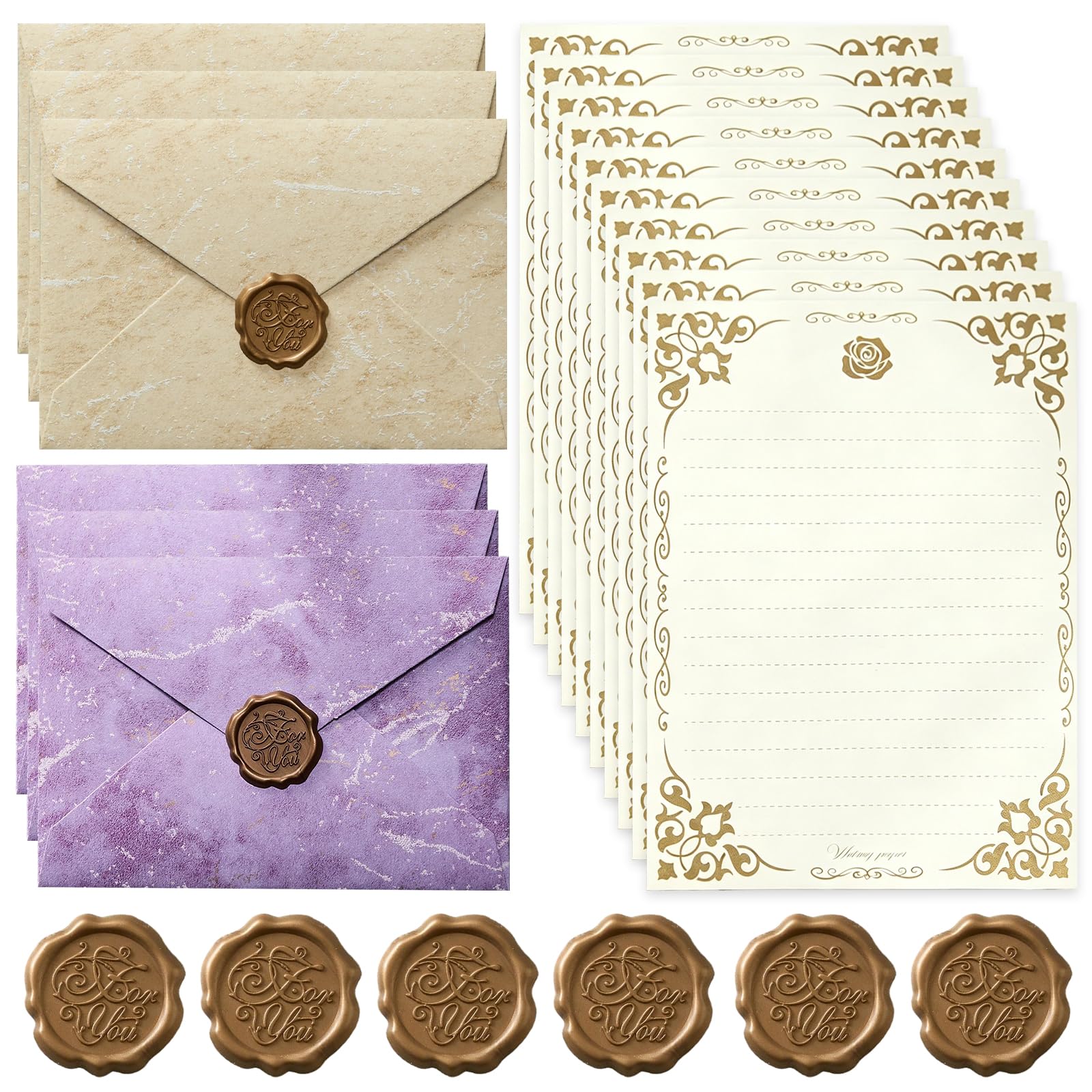 Writing Paper and Envelopes Set, Gold Foil Embossed Texture Paper – Envelopes with Wax Seal Stickers, Beautiful A5 Writing Paper, Fancy Letter Paper for Invitations & Love Letters (Lavender+Beige)