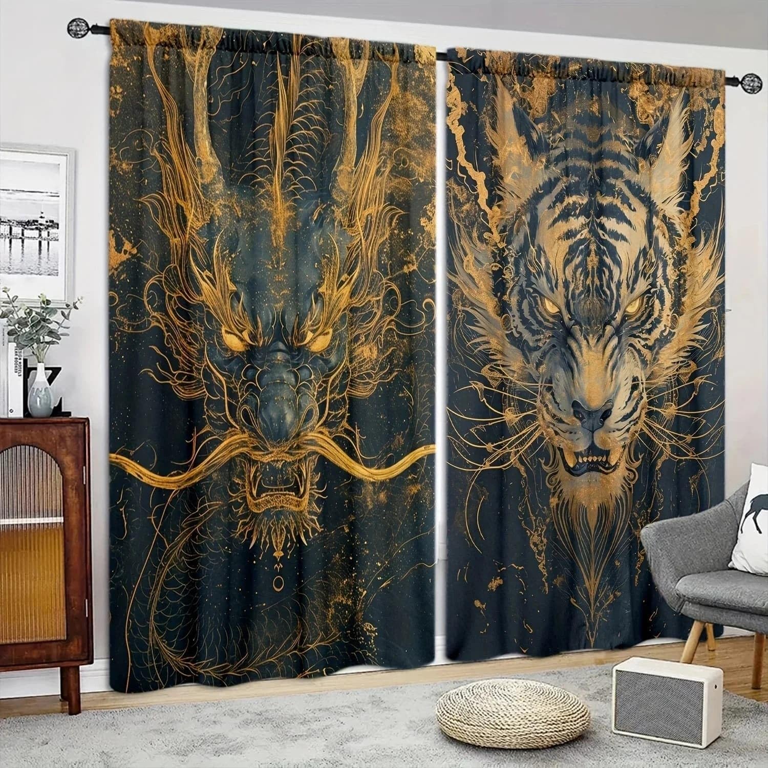 Rideaux pour separation de piece et cuisine rideau thermique occultant a motif dore 140x300cm