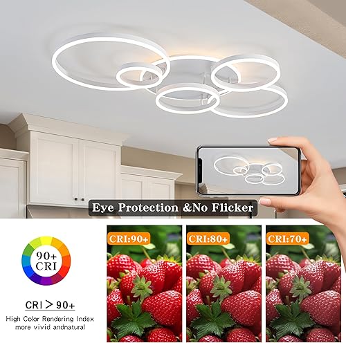 Miniatura 9 de O'NEELDY Lámpara de techo LED moderna de montaje empotrado, color blanco, regulable, de 47 pulgadas, con control remoto, 6 anillos, accesorios de