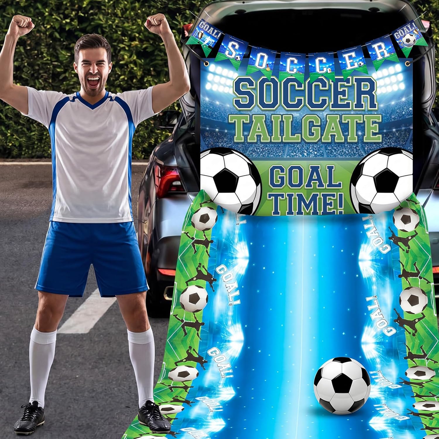 Breling Soccer Tailgate Party Decorations Set, Soccer Goal Banner, Stadium Backdrop & Football Field Table Cover for Game Day, Sports Party, Trunk or Treat Car Decor (Blue Stadium)