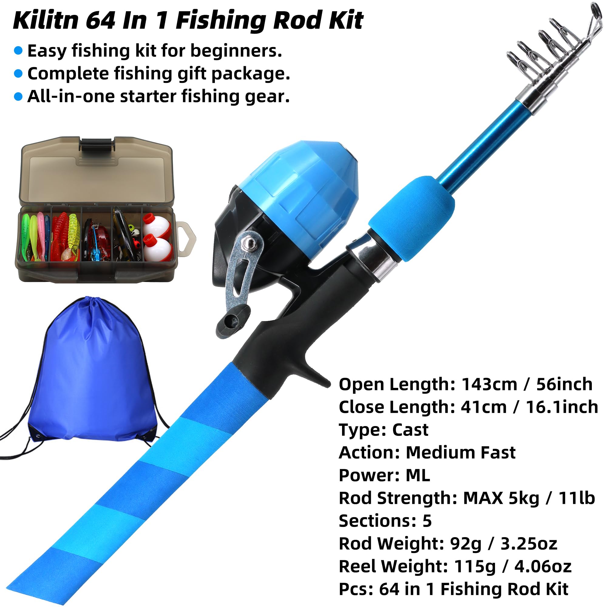 Kilitn Kids Fishing Pole Kit, Easy Fishing Telescopic Casting Rod and Spincast Reel Combos Full Set with Tackle and Travel Bag, for Boys, Girls, Youth, Starter (Blue Striped 1.5M 4.93FT)