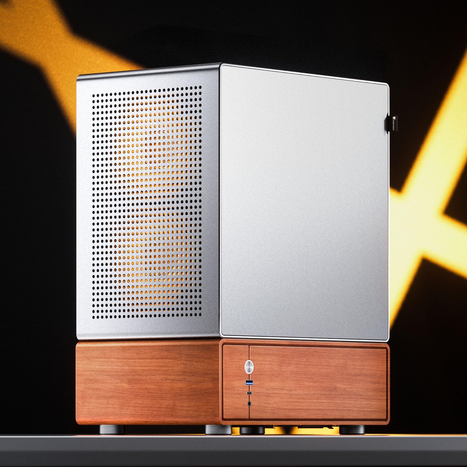 Jonsbo T7 Micro-ATX PC-Gehäuse – Silber | mATX Case mit Aluminium & Holzgriff, Tempered Glass, Zwei-Kammer-Design, USB-C