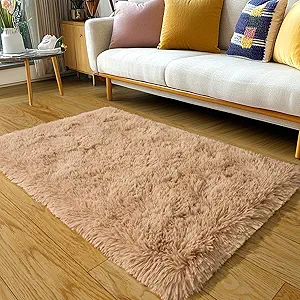 KING DARE 2x3 Area Rugs for Bedroom, Soft Small Throw Rug for Dorm, Soft Fluffy Shaggy Plush Fuzzy Shag Non-Slip Washable Carpet for Bedside Closet Girls Boys Room, Beige Rug