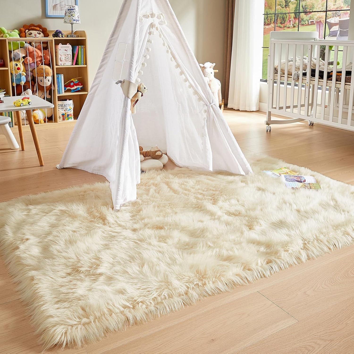 AMTOVO Faux Fur Sheepskin Rug for Living Room, 4 x 6 ft Beige Fluffy Area Rug for Bedroom, Playroom, Luxury Room Decor, Rectangle
