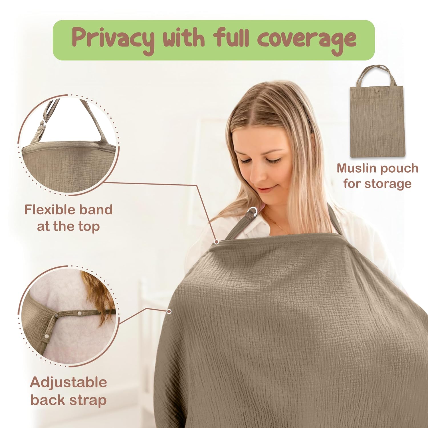 100% Organic Cotton Nursing Cover & Shawl for Breastfeeding - Beige Muslin Cover with Privacy, 43 × 28 in, Multi-Use Nursing Apron & Car Seat Canopy for New Moms