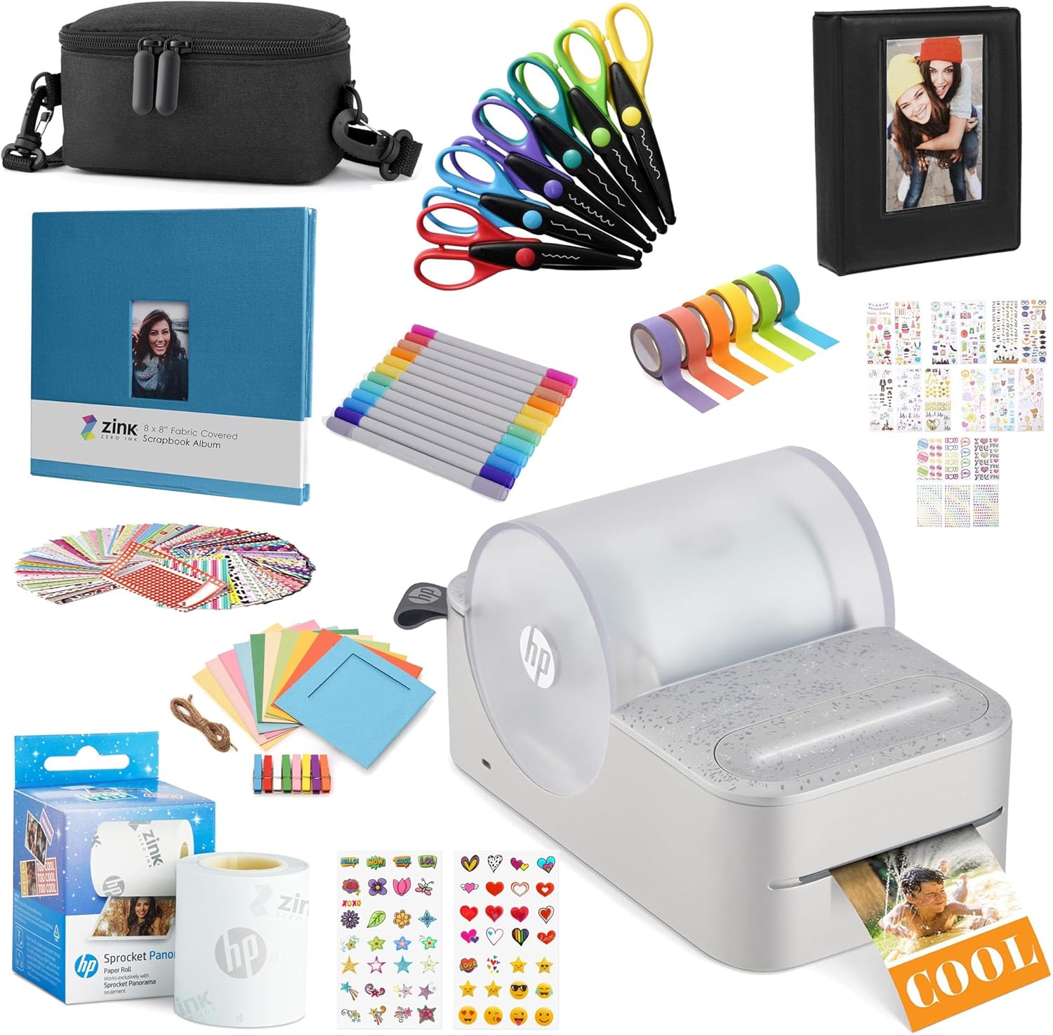 HP Sprocket Panorama Instant Portable Color Label & Photo Printer (Grey) Craft Bundle with case, Zink roll, Photo Album, Markers, Scissors, Tape, Stickers and Frames
