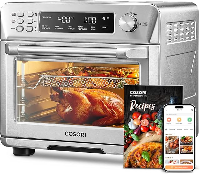 Cosori Air Frier Grille-pain Oven Combo 26QT Comptoir, 11-in-1 Four à convection intelligente, four à pâtisserie, acier inoxydable 6 Couper le toast 12" Pizza,75 Recettes