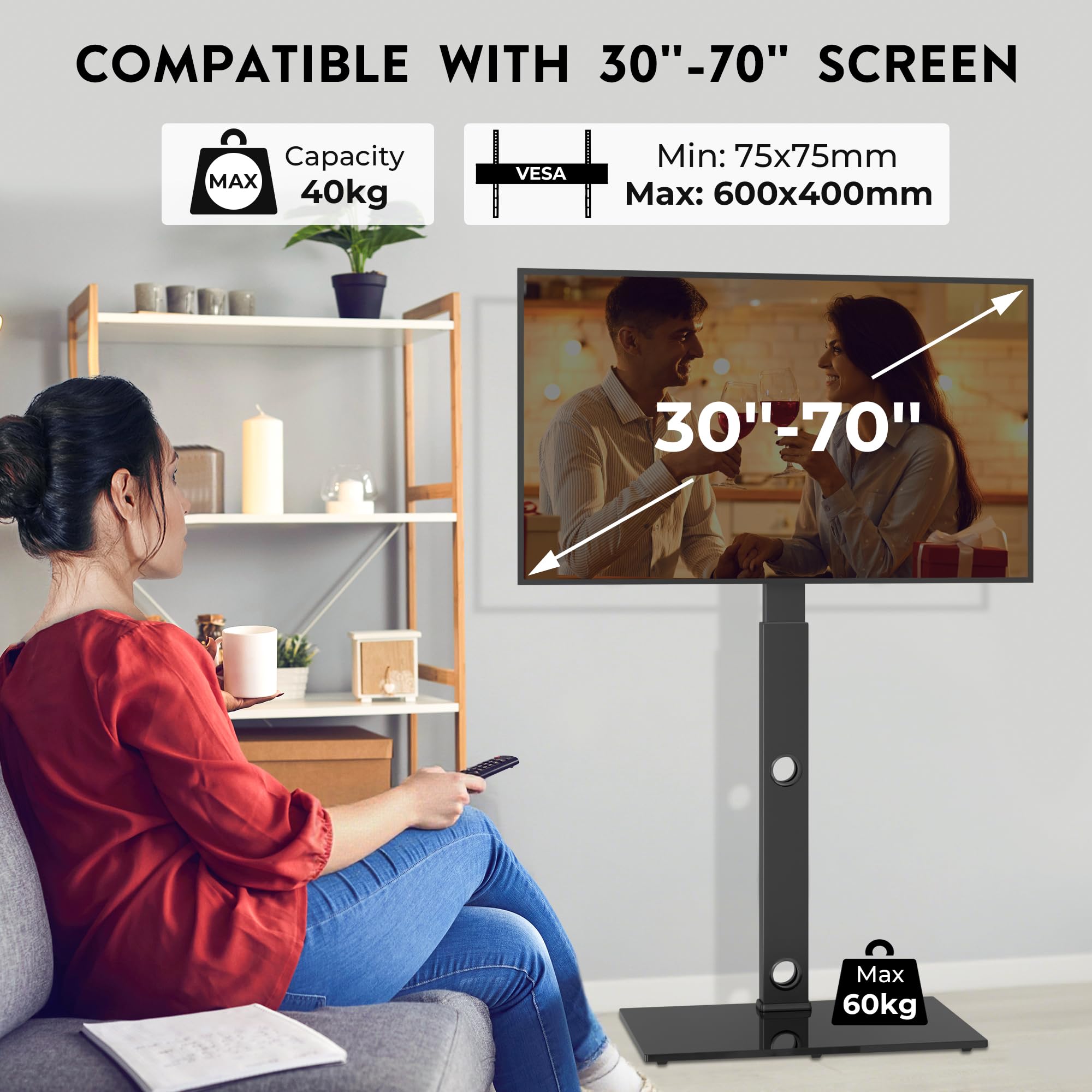 BONTEC Supporto da pavimento per TV da 30-70 pollici a LED LCD OLED al plasma piatto curvo, altezza regolabile alto TV Stand con staffe fino a 40kg, Max VESA 600x400mm.