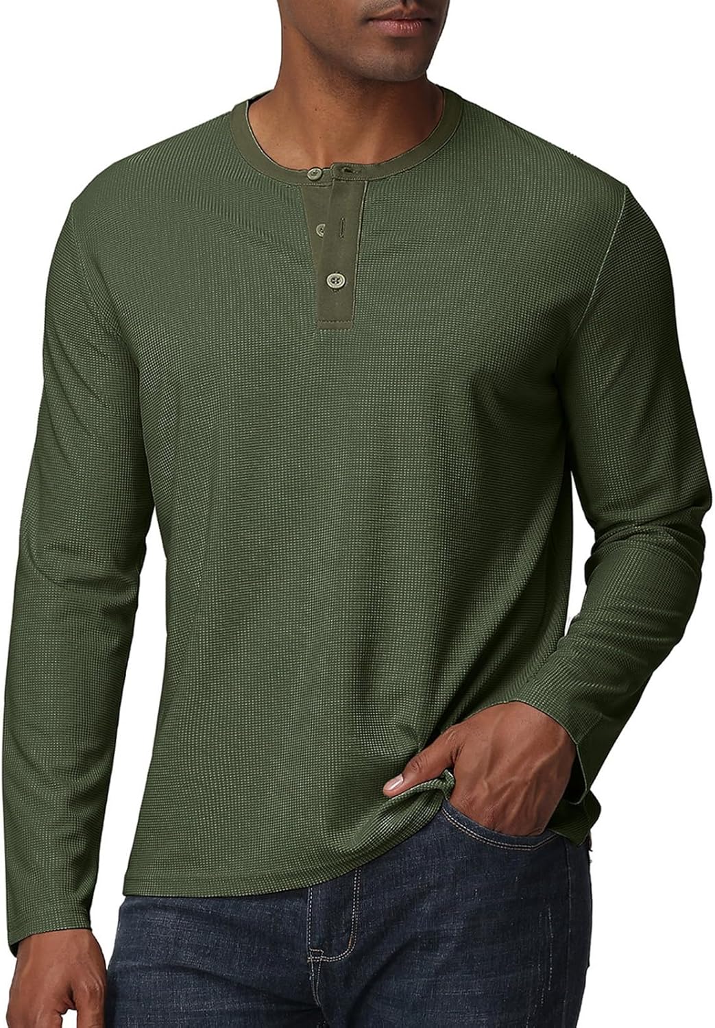 Men's Henley Shirts Long Sleeve Waffle Casual Pullover T-Shirts Basic Textured Button Lightweight Shirts Top - Image 2
