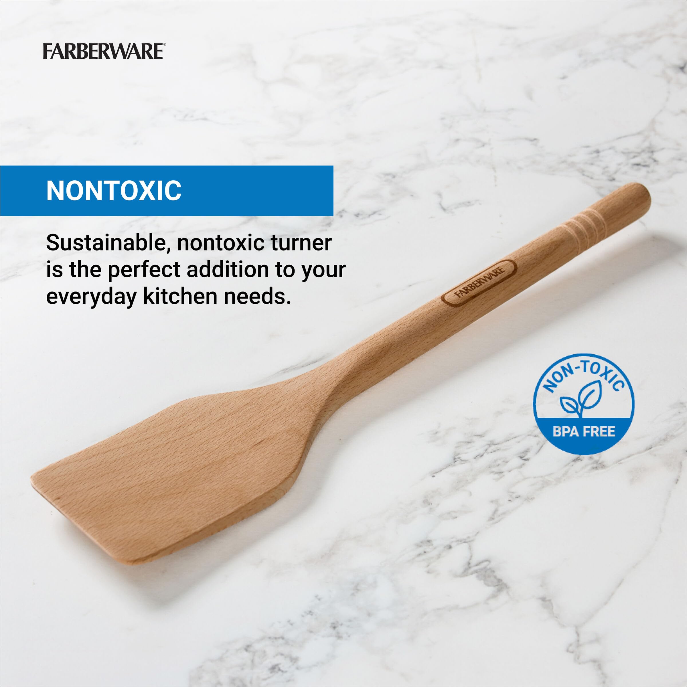Farberware Beechwood Turner Spatula - Durable Wood Kitchen Utensil with Thin Tapered Edge, Safe for Nonstick Cookware, Perfect for Flipping Pancakes, Eggs, and More