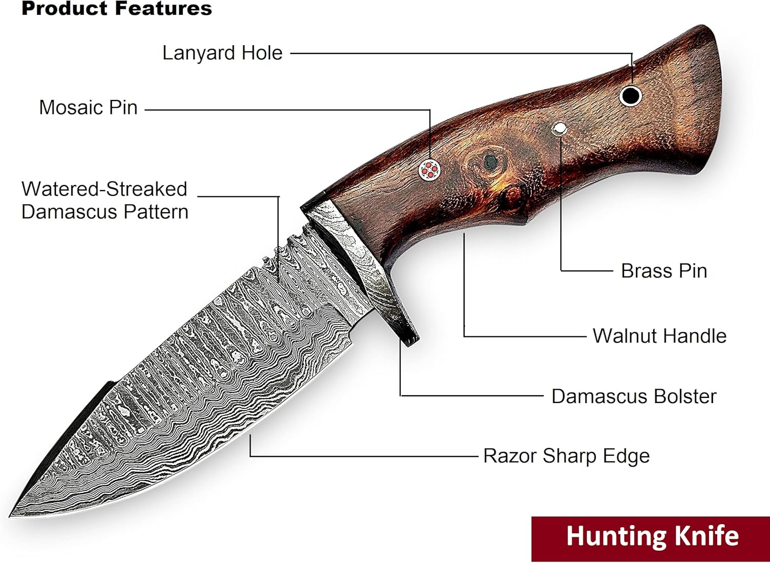 Handmade Damascus Full Tang Knife | Hunting | 10 Inch Hunting Fix Blade knives with Walnut Wooden Handle | Camping Knife with Leather Sheath | HUNT 07