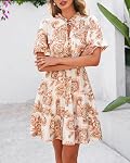 BTFBM Women Summer Floral Short Dresses V Neck Short Sleeve Tiered Ruffle Boho Swing Dress A-Line Mini Dresses
