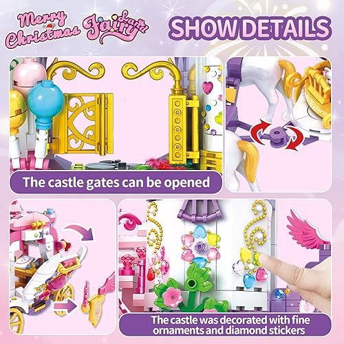 Miniatura 6 de Uniwee Juguetes de construcción STEM de castillo para niñas con calcomanías de diamantes de bricolaje, 1440 piezas de castillo de princesa realeza,