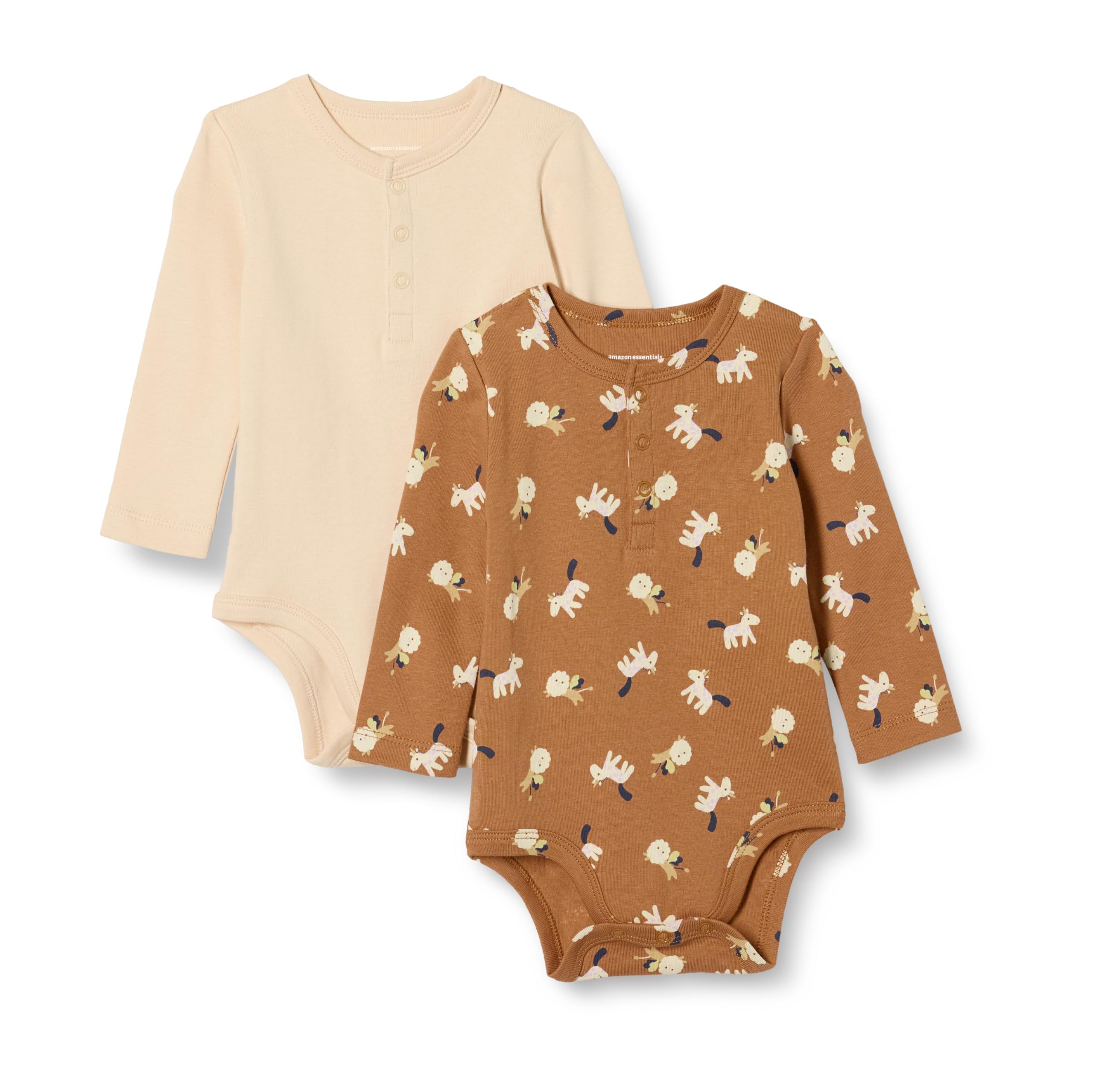 Amazon Essentials Unisex Babies' Long-Sleeved Henley Bodysuits, Pack of 2, Lion and Pony/Pale Peach, Premature