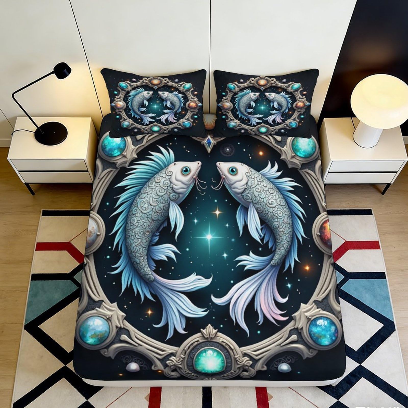 Pnayamiorkfel Style-3 3D Printed Pisces Zodiac Fitted Sheet Microfiber Soft Artistic Fish Bed Sheet For Bedroom Guest Room Decor 90X200x25cm