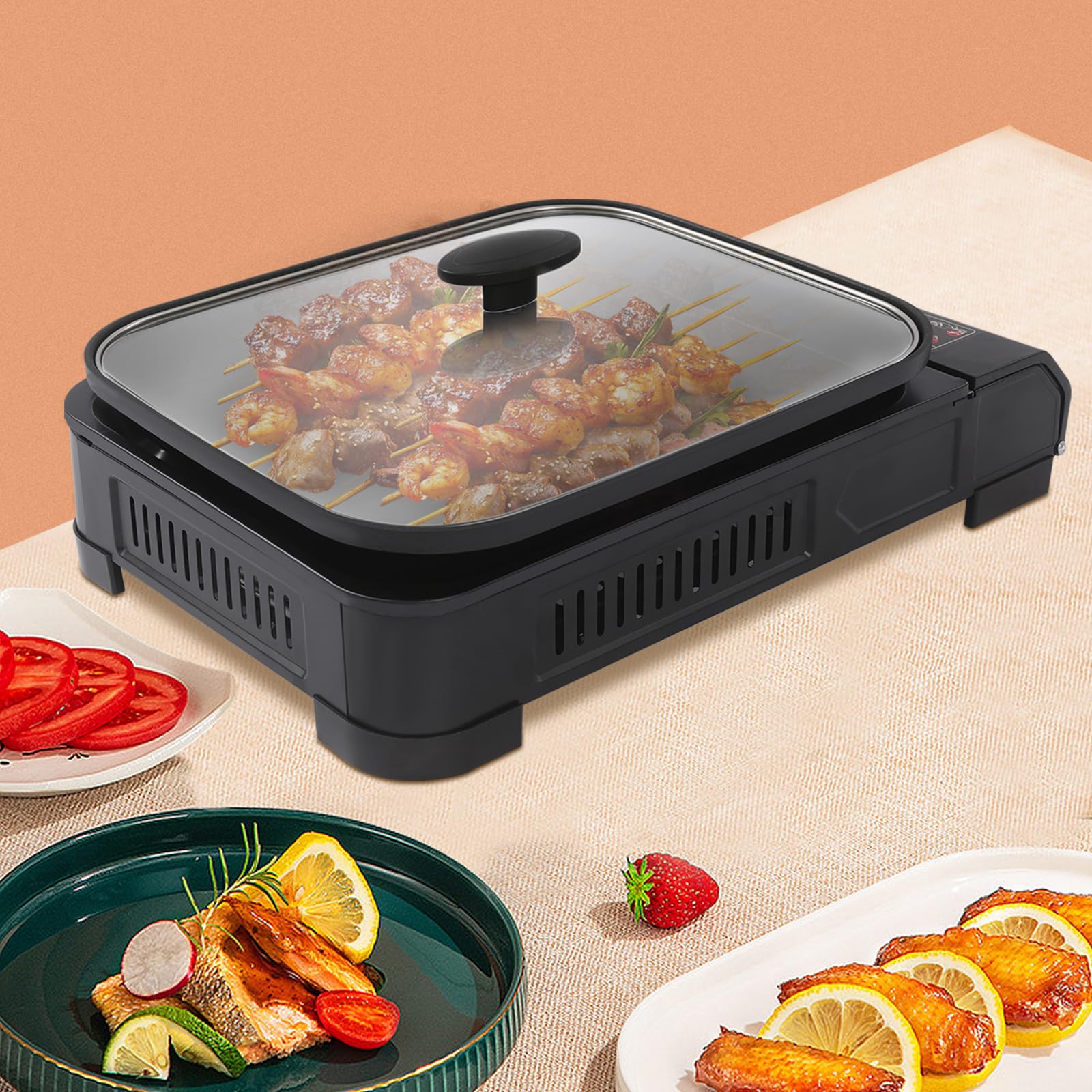 Hornillo de gas camping con poele 2 1kw, calentador de barbacoa portátil, placa antiadhesiva, para caravana, senderismo, pícnic, cocina, gas, 45 x 30 cm, tapa encendido piezo