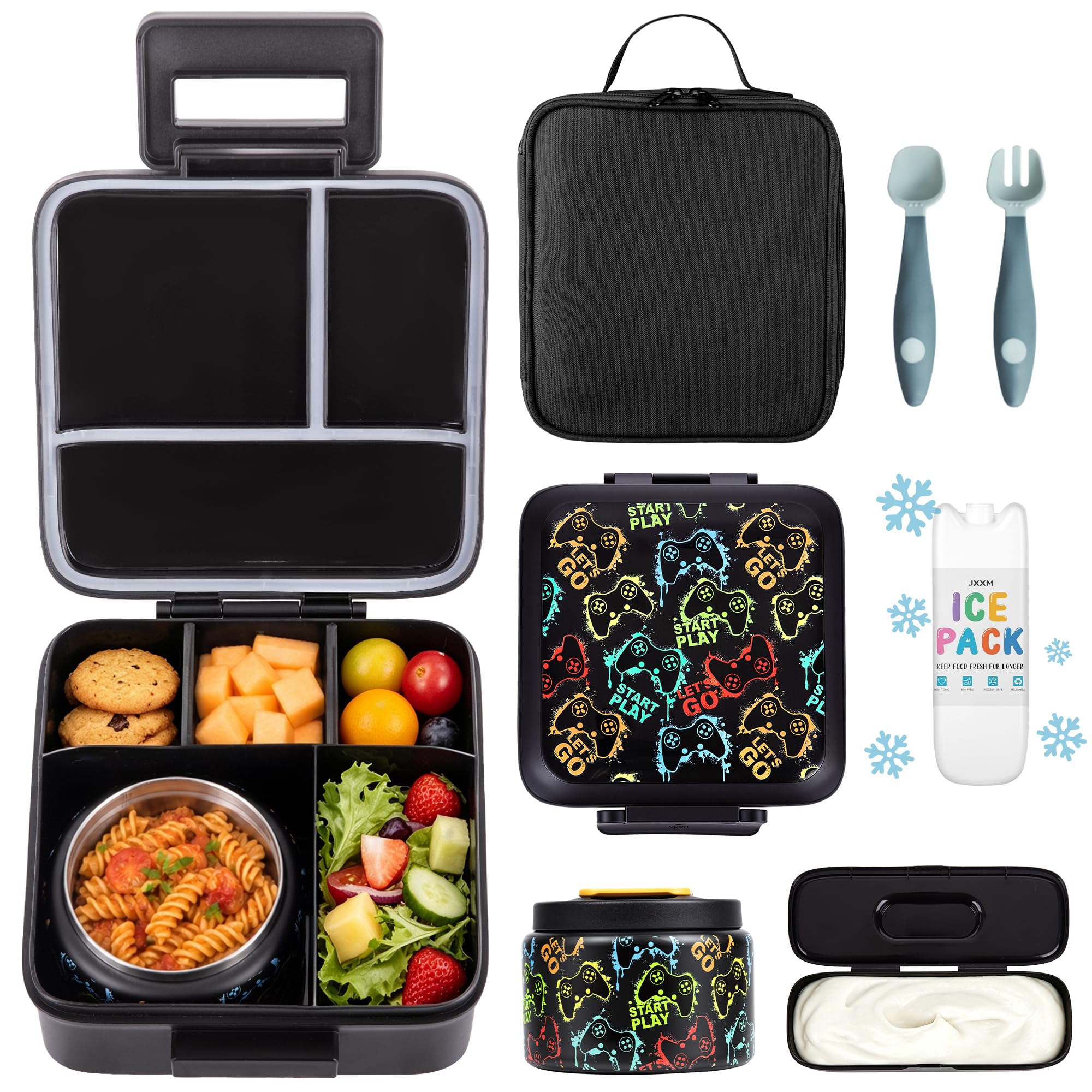 JXXM Bento pudełko na lunch dla dzieci, z termosem na zupę 237 ml, szczelne pojemniki na lunch z 5 przegródkami, termos na żywność i torba na lunch, pojemniki na żywność do szkoły (A-czarne, konsola