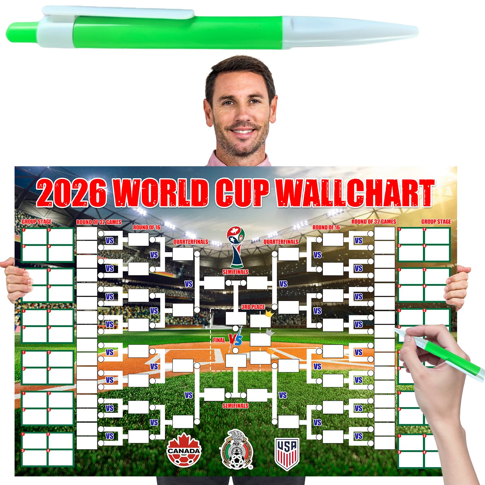 Yunlijia Red-1 World Cup Football 2026 Interactive Poster 53X37cm 48-Team Tournament Fixtures Folded Poster Handwritten Watercolour Pen World Cup Tournament Bedroom Living Room Display Crazy Soccer Fan Great Gifts