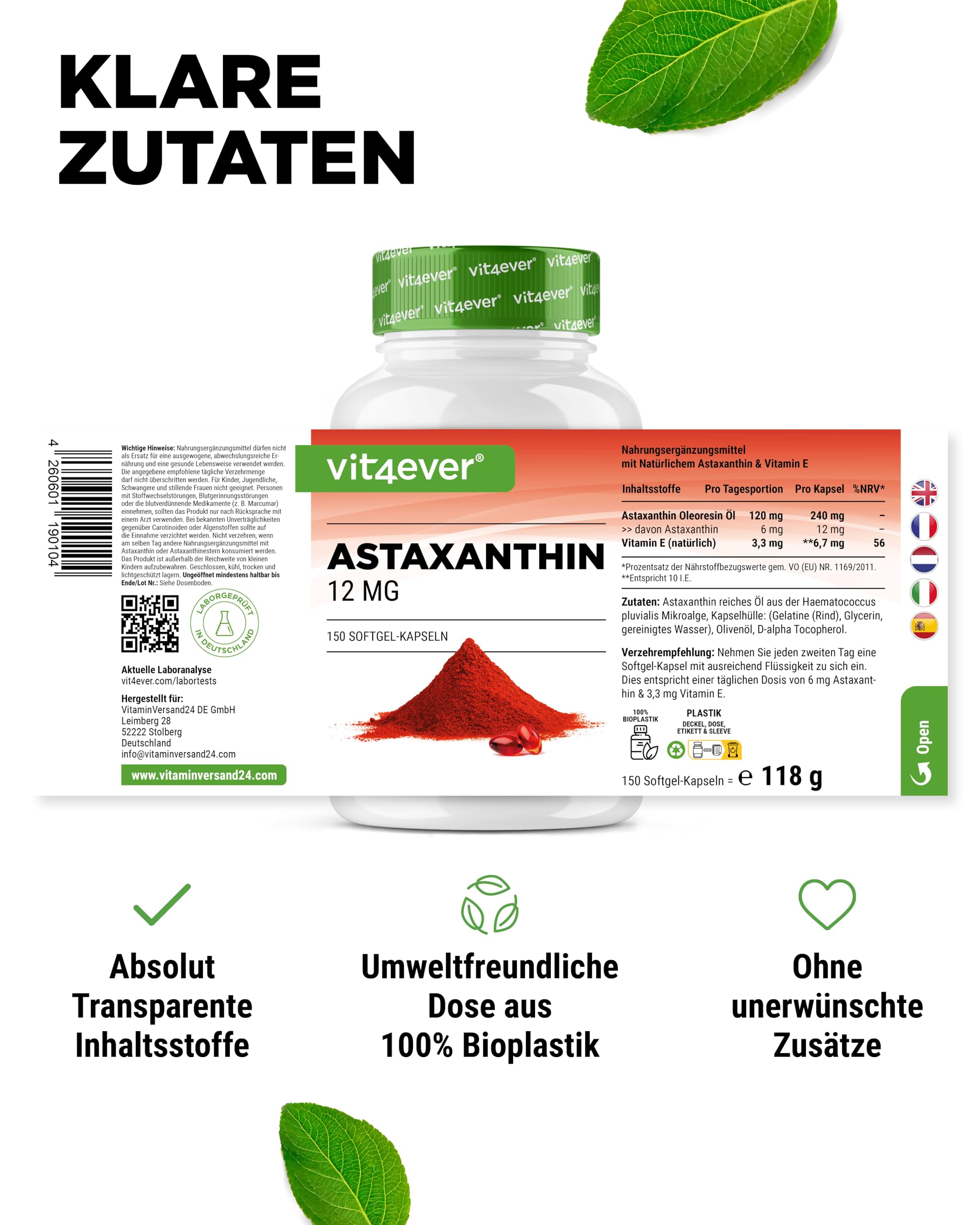 vit4ever Astaxanthin 12 mg - 150 Softgel Kapseln - Haematococcus Mikroalge | 10-Monats-Vorrat, aus Haematococcus Pluvialis, mit Vitamin E & Olivenöl, laborgeprüft
