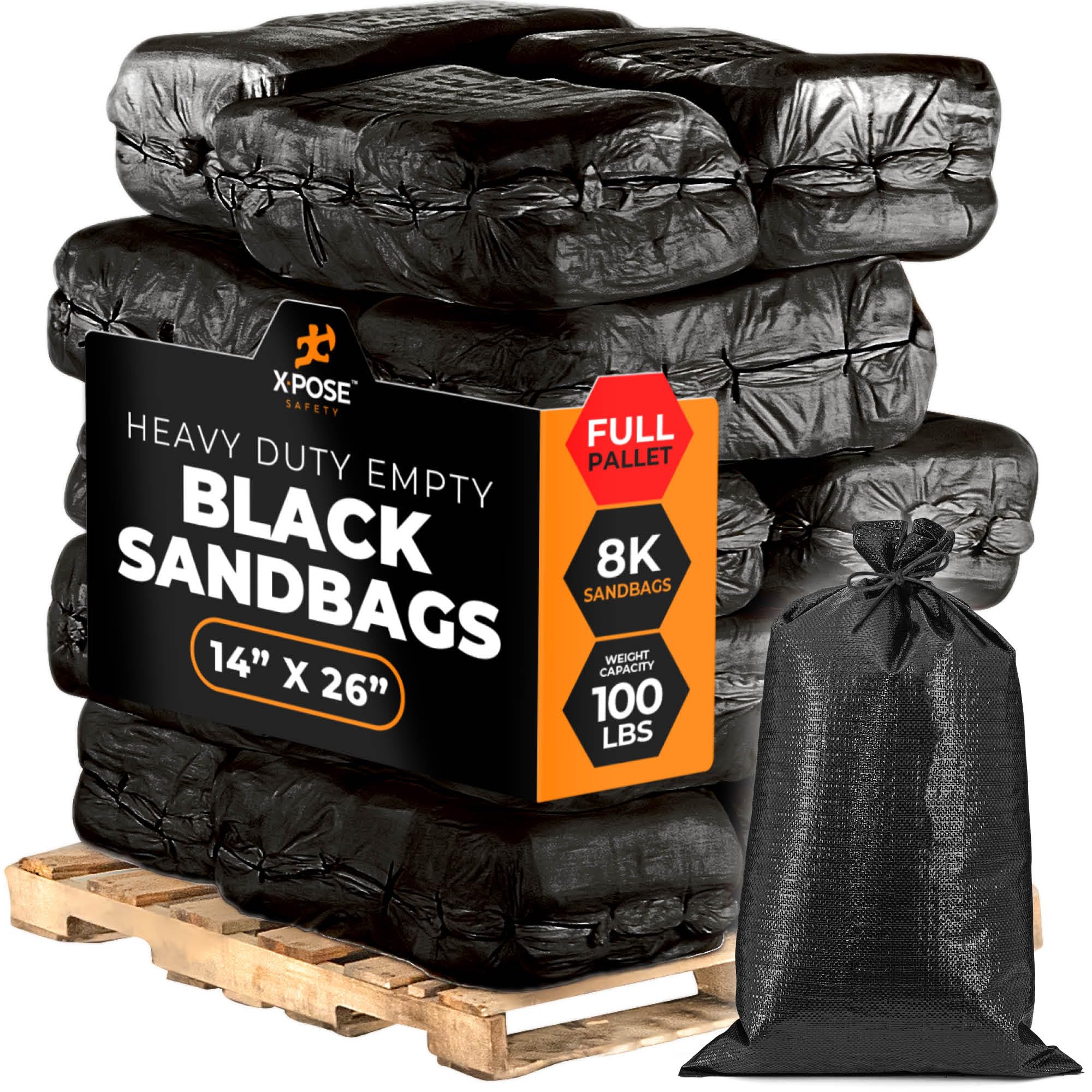 Xpose Safety Heavy Duty Sand Bags with Tie Strings – Empty Woven Polypropylene Sandbags for Hurricane Flood Protection, 100 lb Capacity, 14" x 26", Black, Bulk Full Pallet Pack of 8000