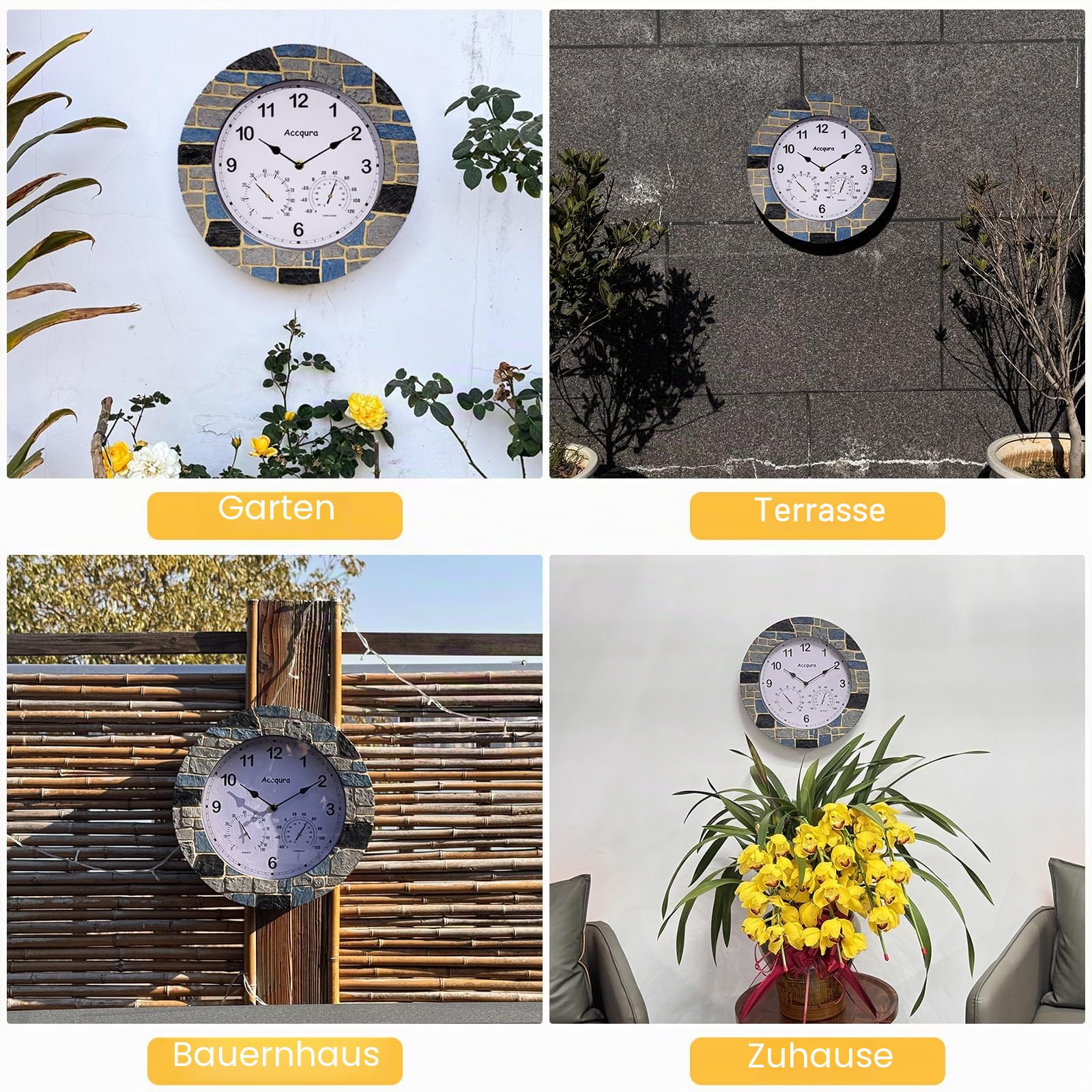 Outdoor Gartenuhr Wanduhren im Freien Echter Kunststein mit wasserdichtem Innendekor mit Thermometer und Hygrometer für Veranda Terrassenzaun Hinterhof Pool Badezimmer Küche 33 Zentimeter